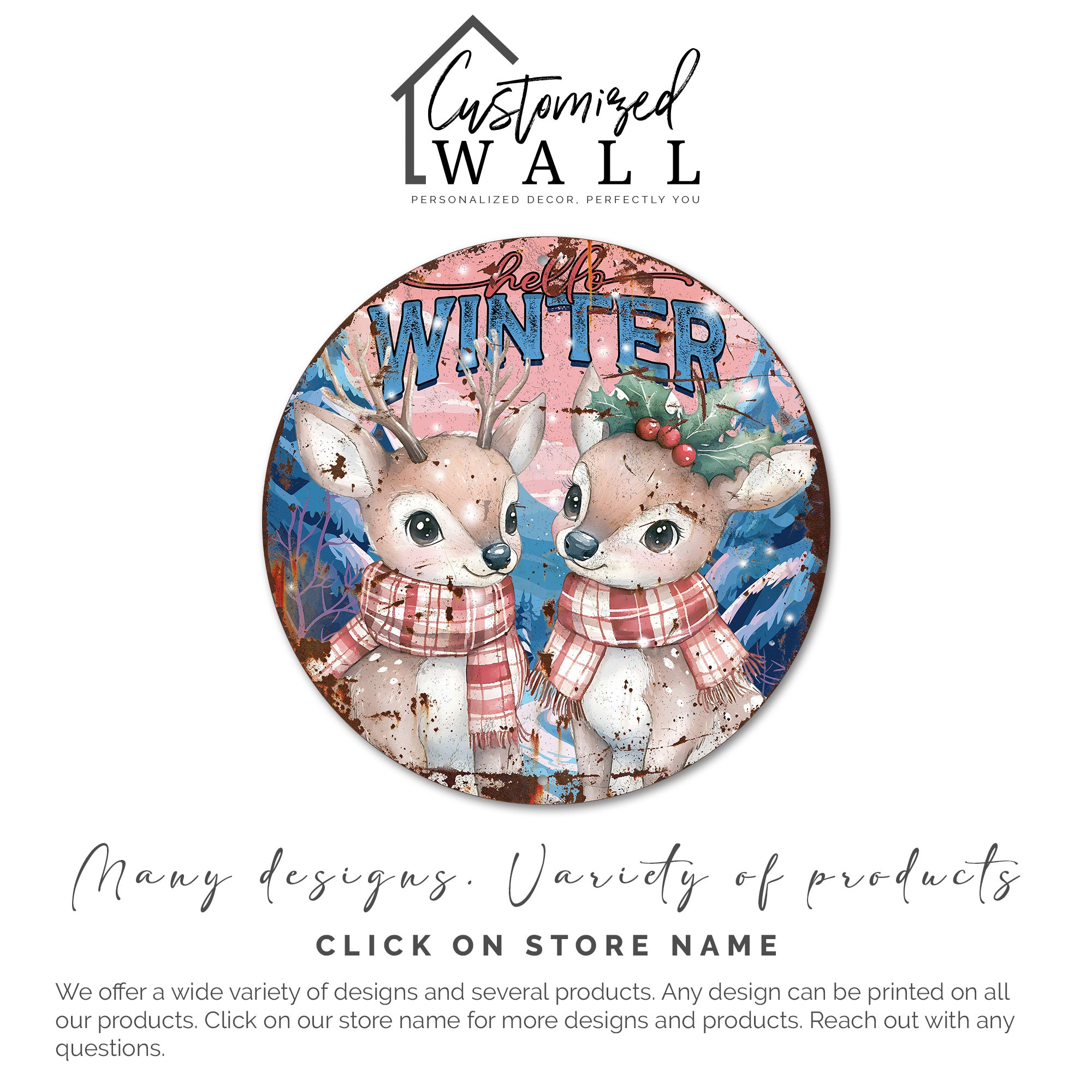 Personalized "Hello Winter" Round Metal Sign – Charming Deer Design with Customizable Seasonal Decor for Heartwarming Gifts - Image 6