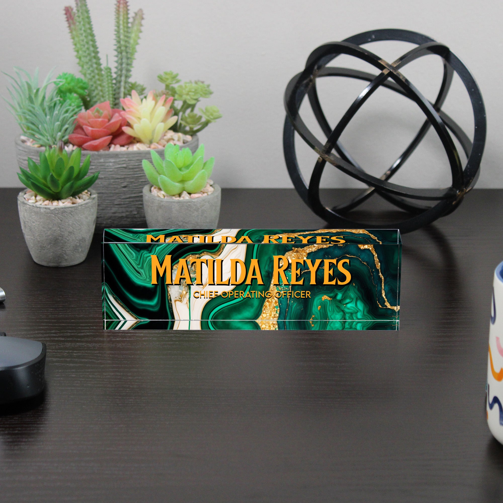 Personalized Acrylic Desk Block with Emerald Marble Design for Executive Gift Giving – Custom Engraved Nameplate - Image 6