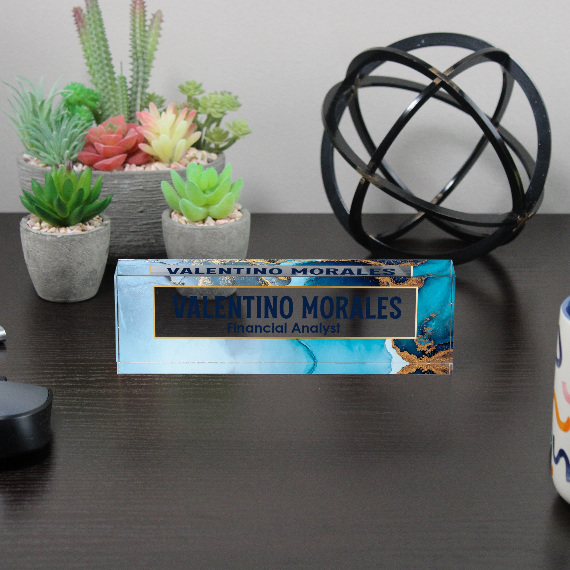 Personalized Acrylic Desk Name Block with Elegant Blue & Gold Design – Ideal Gift for Professionals - Image 6