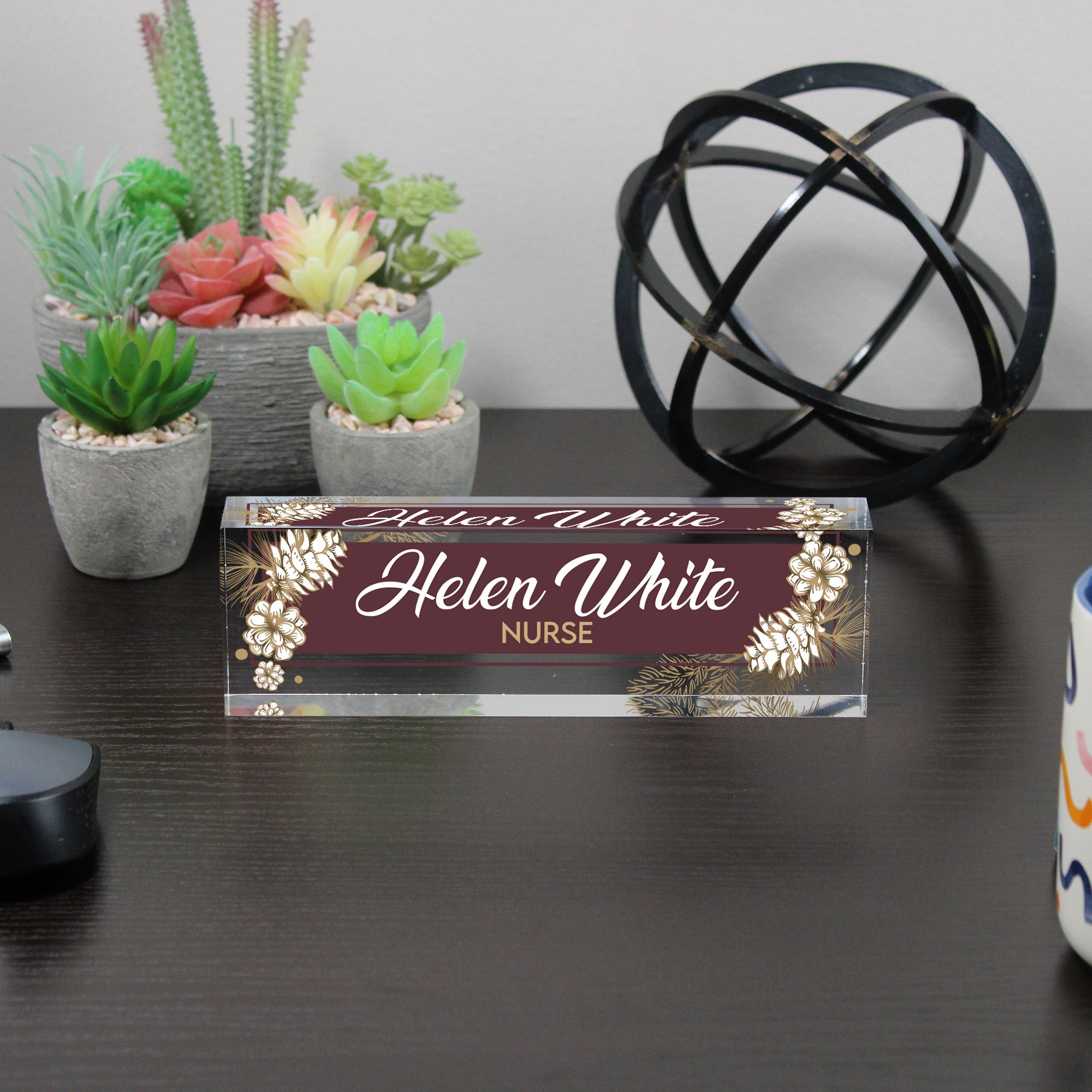 Personalized Acrylic Desk Block with Elegant Floral Design - Custom Name & Profession Engraving for a Unique Gift - Image 6