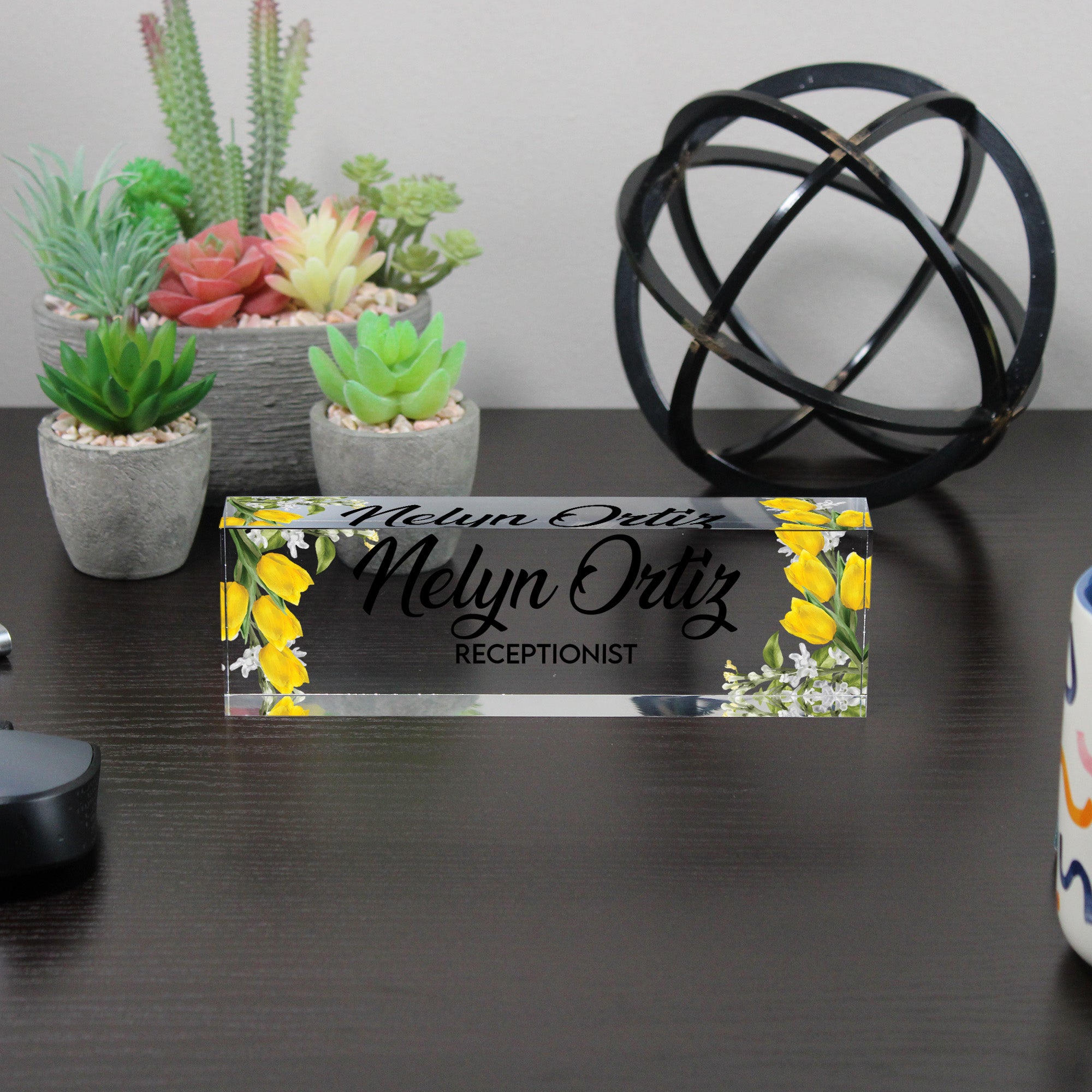 Personalized Acrylic Desk Name Plate with Yellow Floral Design – Custom Office Decor for Receptionists and Gift Giving - Image 6