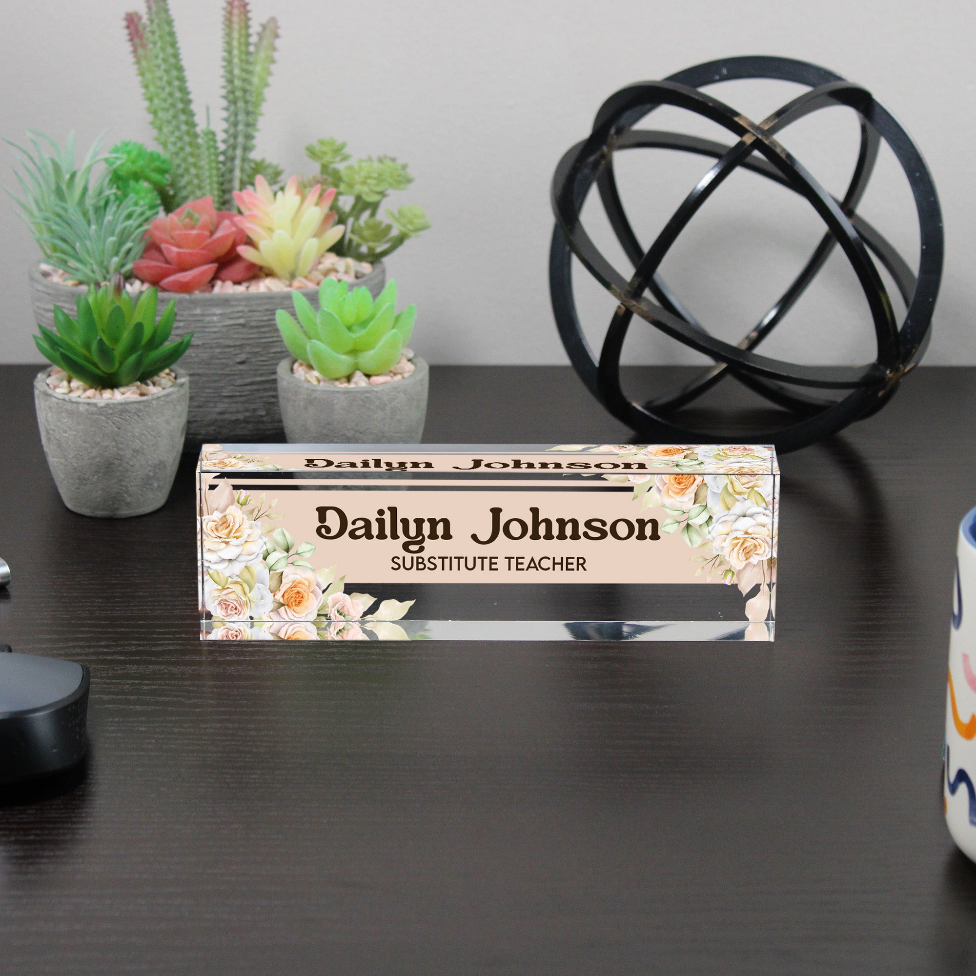 Personalized Acrylic Desk Name Block with Floral Design – Customizable for Teachers, Office Decor, and Thoughtful Gift Ideas - Image 6