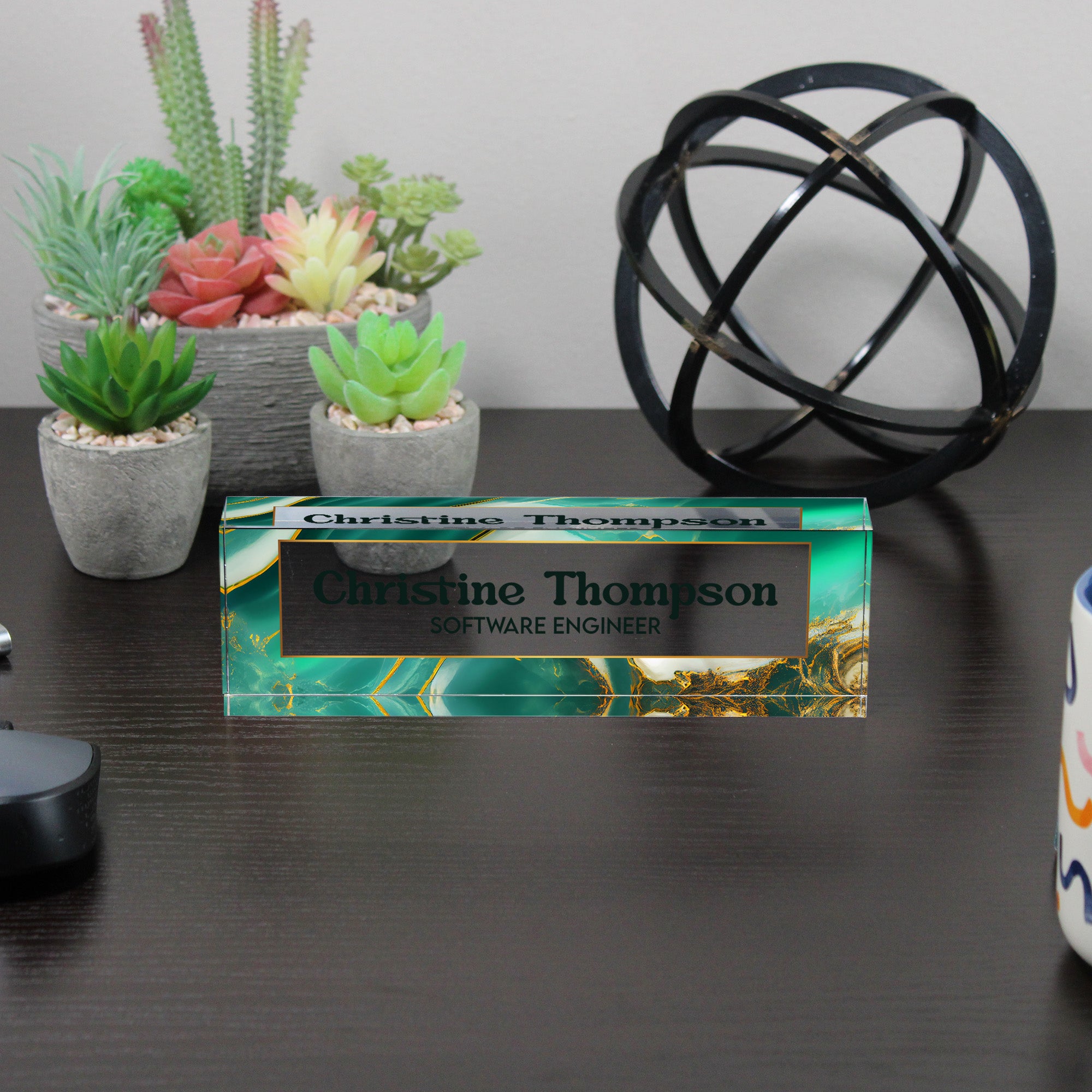 Personalized Acrylic Desk Block with Elegant Teal and Gold Marble Design – Custom Nameplate for Professionals & Gift Occasions - Image 6