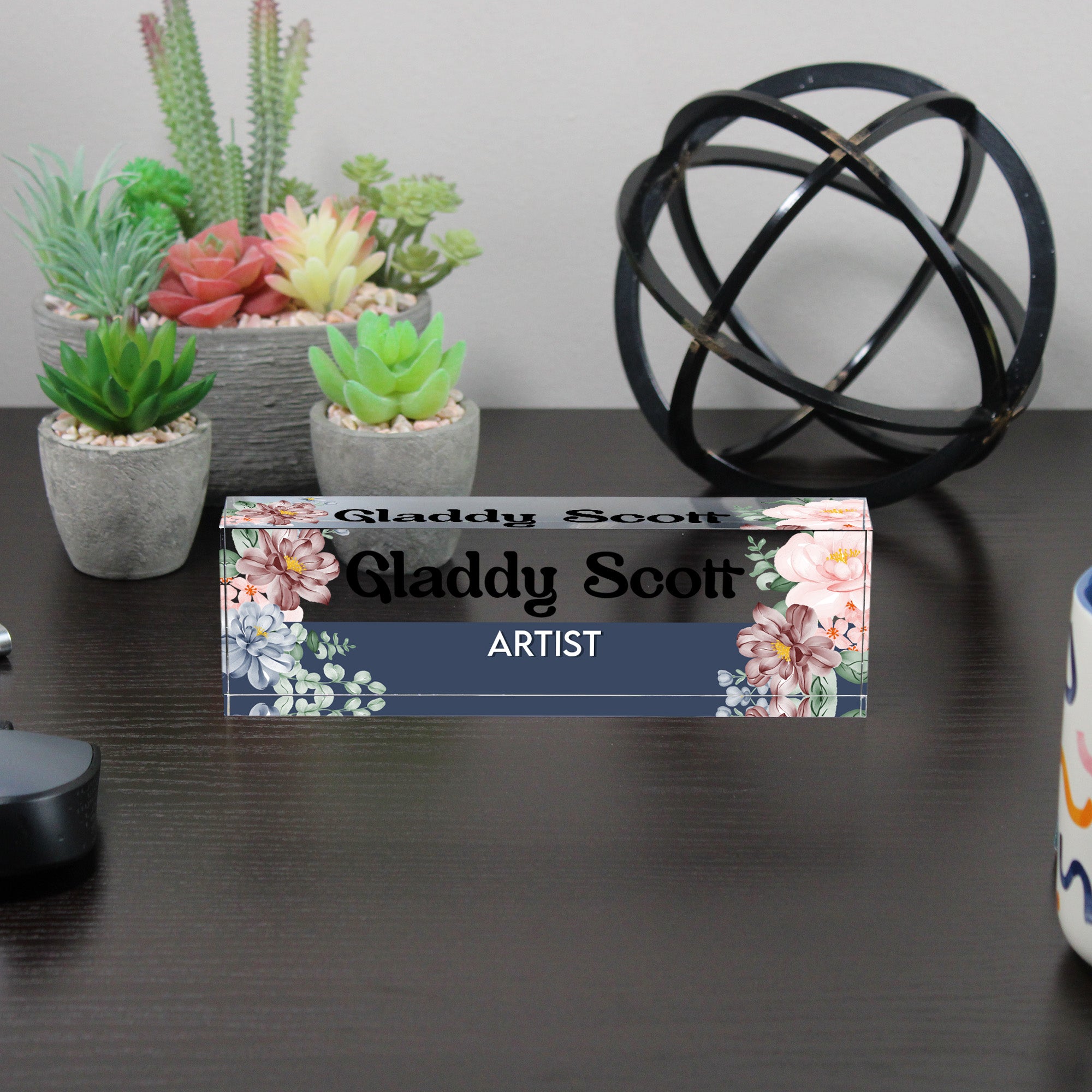 Personalized Floral Acrylic Desk Block with Name and Title - Custom Gift for Artists and Creatives - Image 6