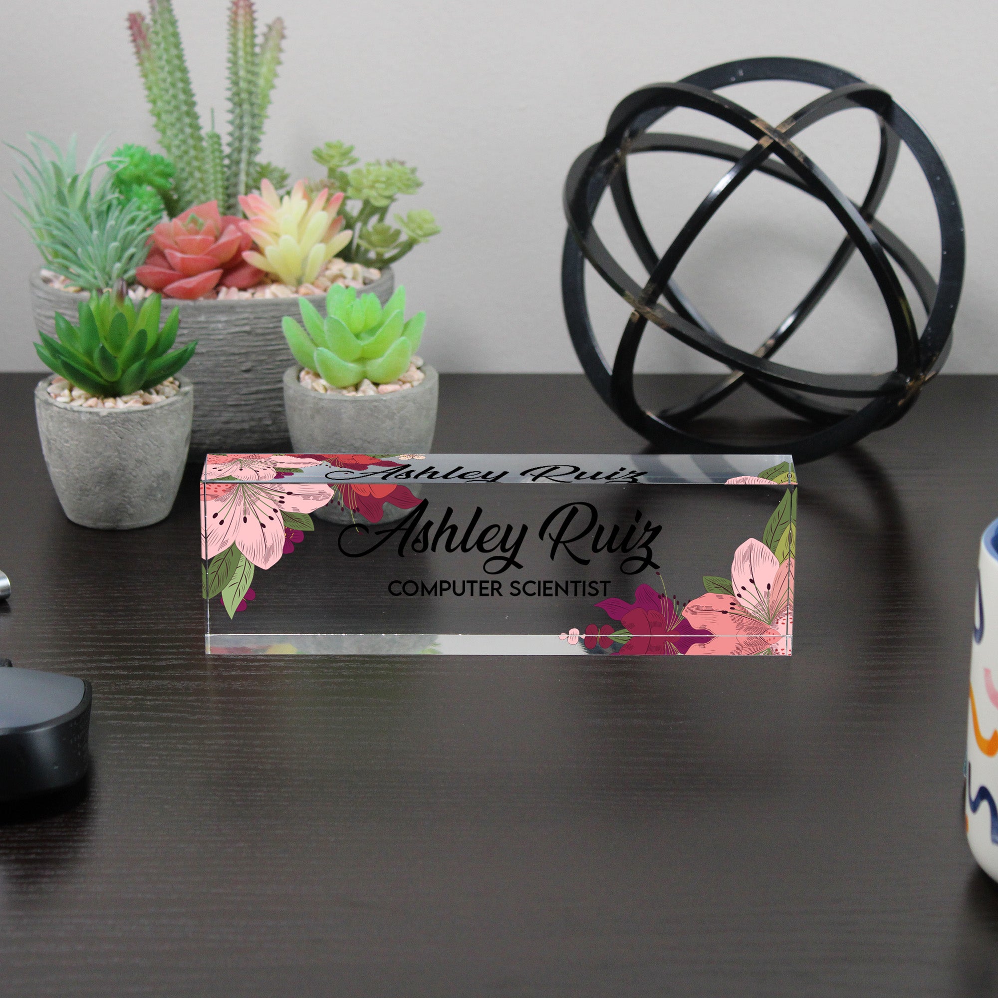 Personalized Floral Acrylic Desk Name Block - Custom Office Decor for Computer Scientists - Image 6