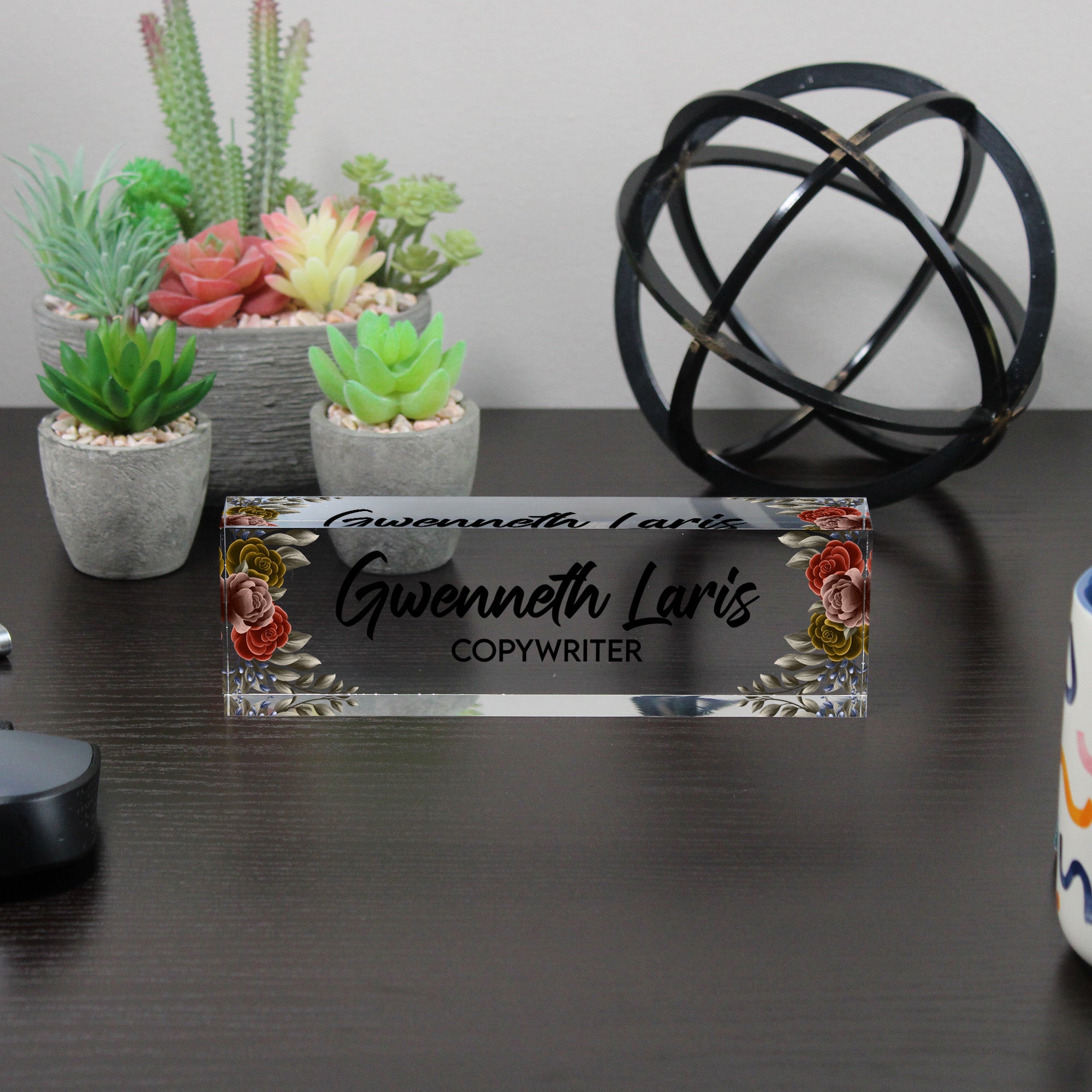 Personalized Acrylic Desk Block with Floral Accents – Custom Name & Title for Elegant Office Decor or Thoughtful Gift - Image 6