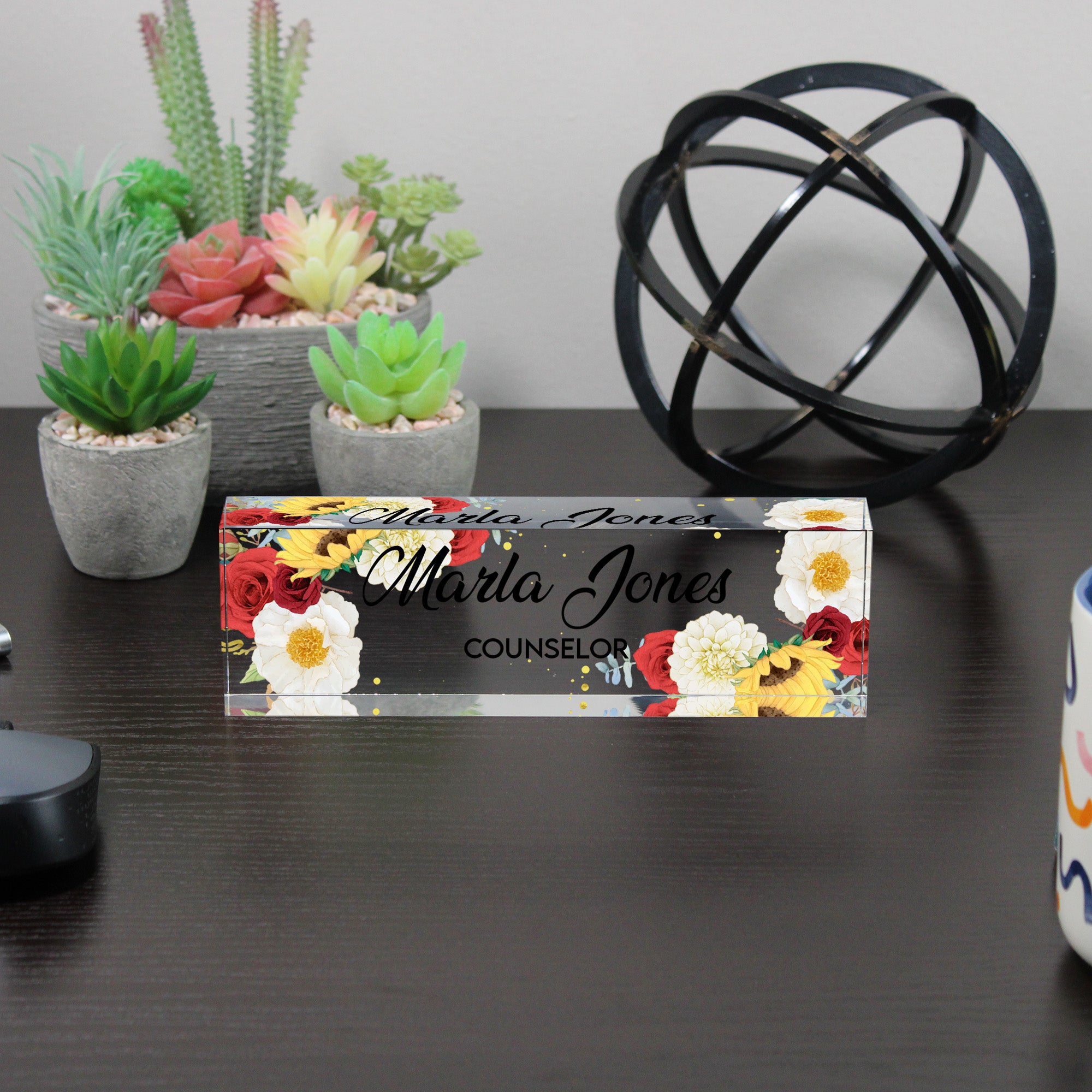 Personalized Floral Acrylic Desk Block Name Plate for Counselors – Elegant Office Decor and Thoughtful Gift Idea - Image 6