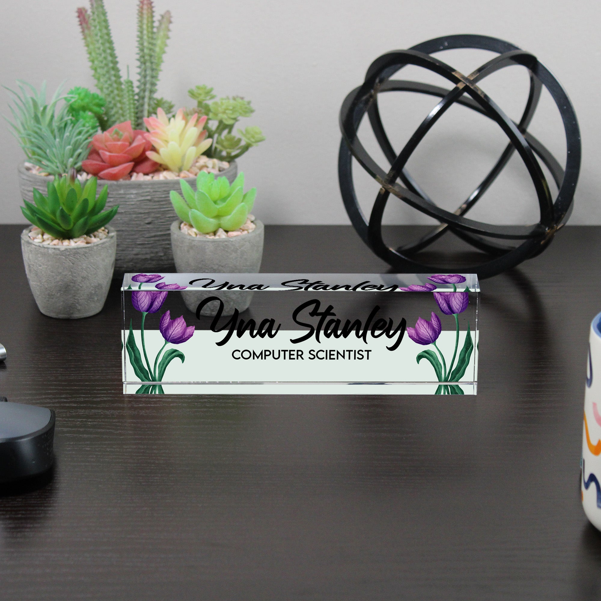 Personalized Acrylic Desk Block - Elegant Tulip Design with Custom Name and Profession for Thoughtful Gift Giving - Image 6