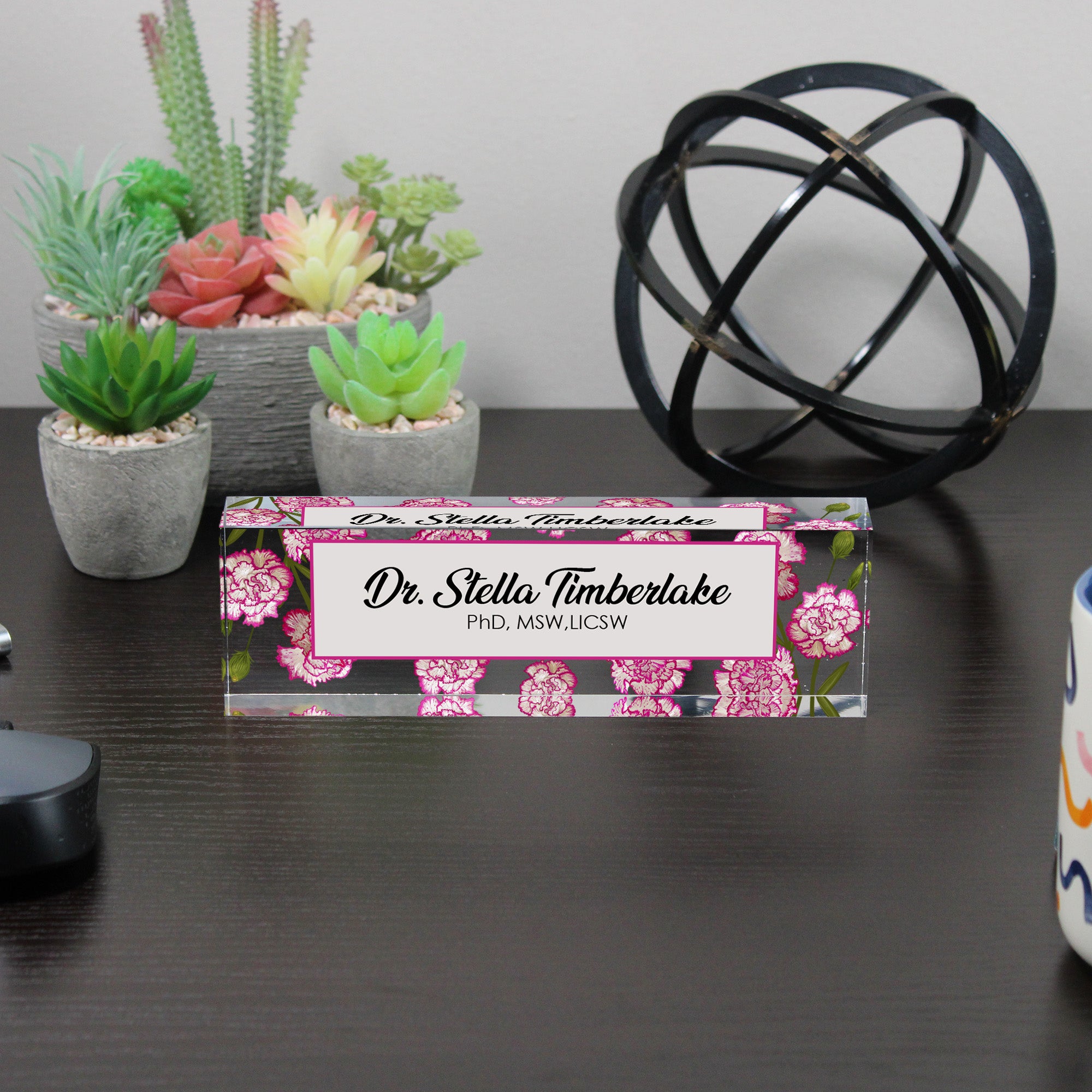 Personalized Floral Acrylic Desk Block – Custom Name Plate with Pink Carnation Design for Office Professionals - Image 6