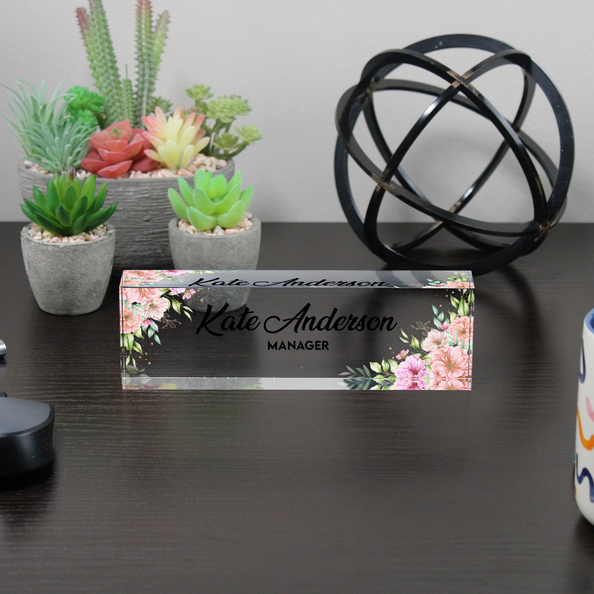 Personalized Floral Acrylic Desk Name Plate for Managers – Custom Office Decor with Elegant Floral Design - Image 6