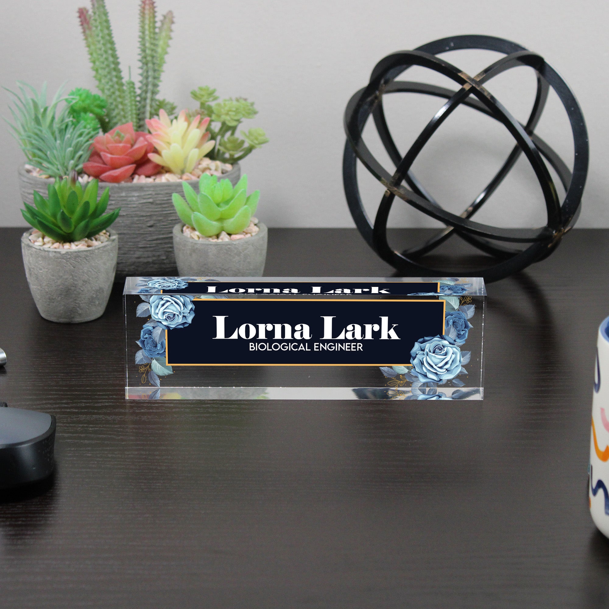 Personalized Acrylic Desk Block with Elegant Blue Rose Design - Custom Nameplate for Professionals and Gift Occasions - Image 6