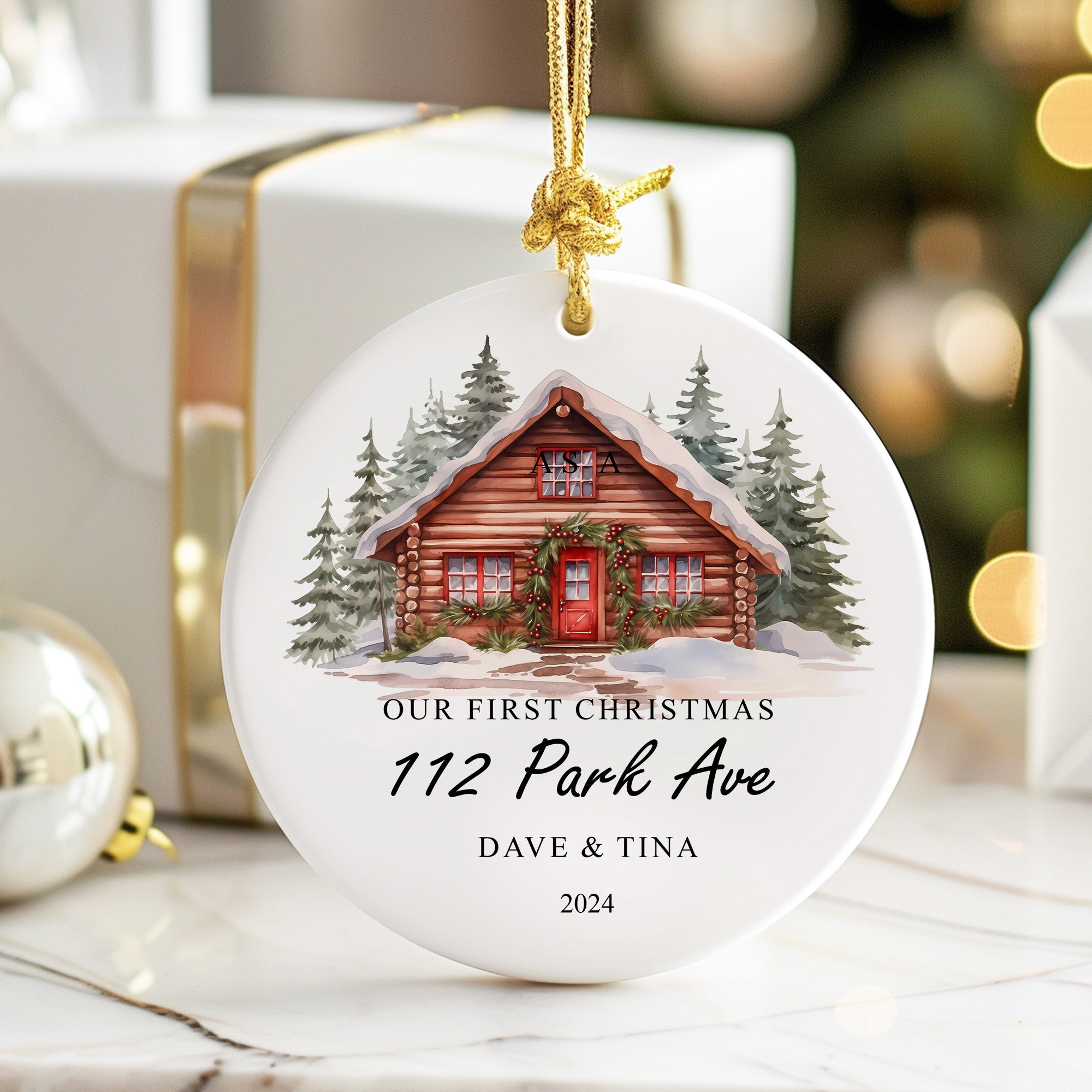 Personalized Handmade First Christmas Ornament - Custom Engraved Ceramic Cabin Design with Names & Address - Perfect Gift for Couples - Image 6