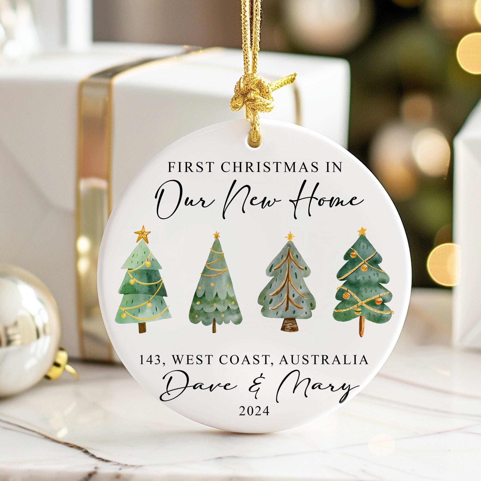 Personalized First Christmas in New Home Ceramic Ornament – Artistic Watercolor Design, Unique Gift, 2024 Edition - Image 6