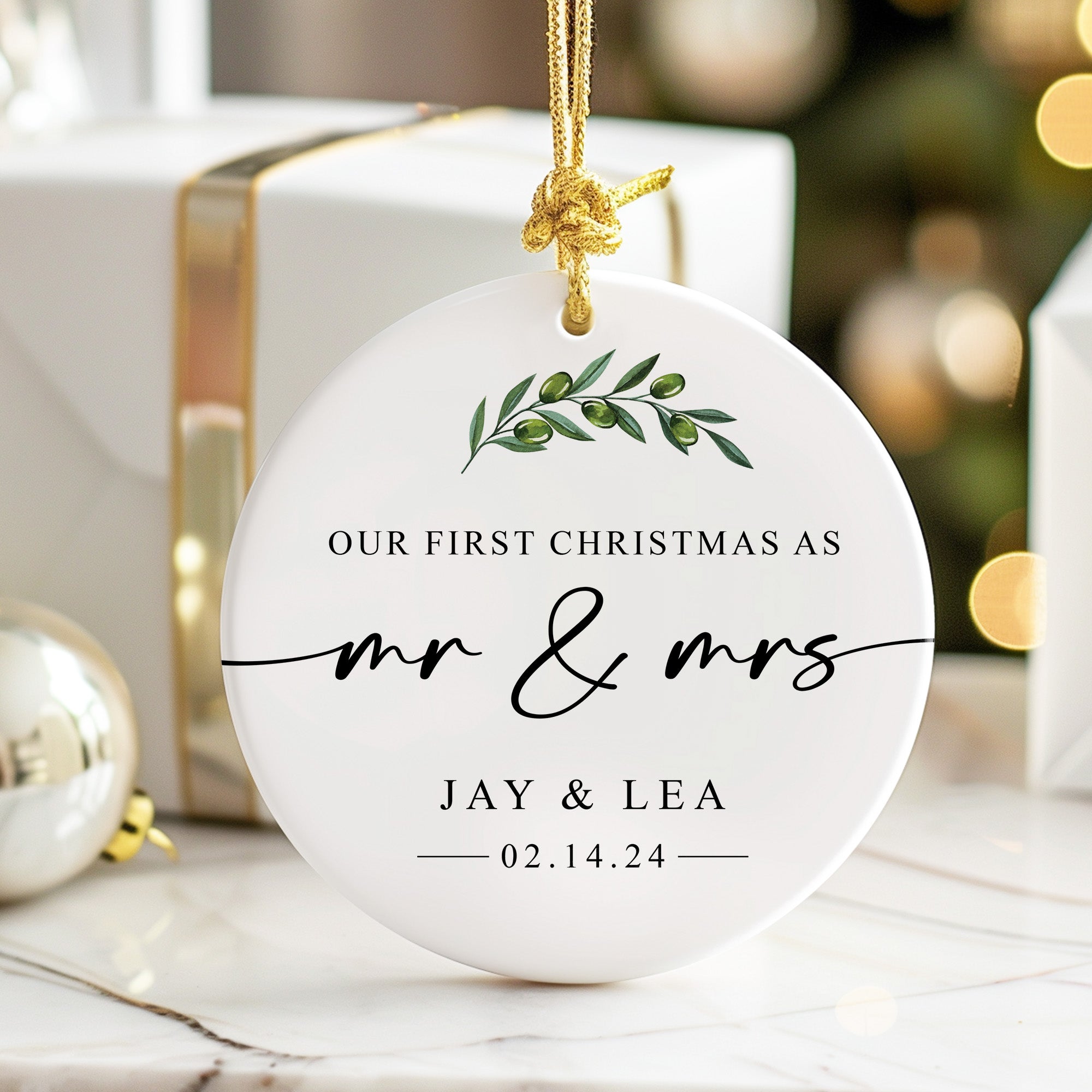 Personalized First Christmas as Mr. & Mrs. Ceramic Ornament - Elegant Handcrafted Design with Custom Names and Date - Image 6