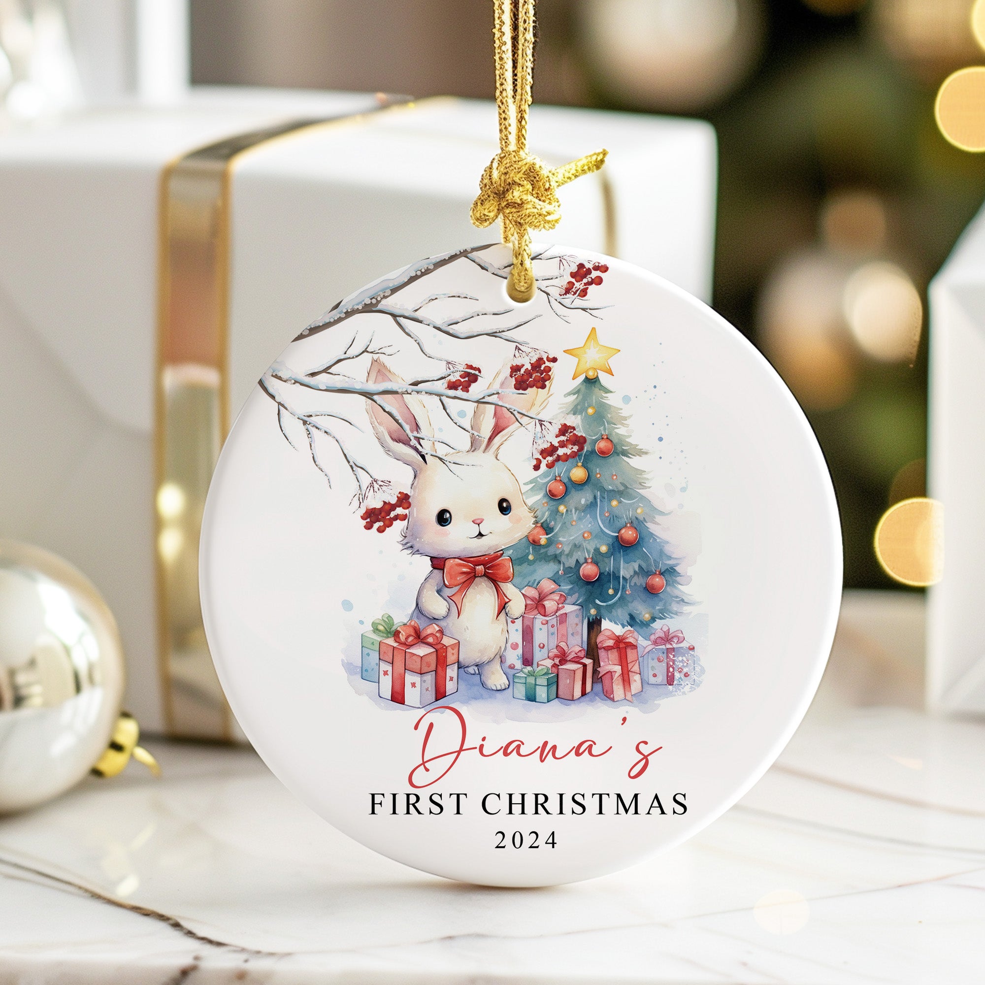 Personalized Baby's First Christmas Ornament 2024 – Handcrafted Ceramic Gift with Adorable Bunny Design - Image 6