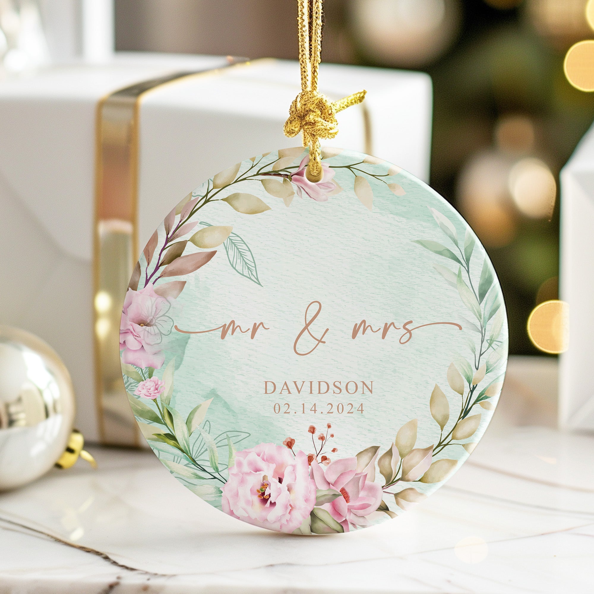 Personalized Floral Ceramic Ornament - Custom Wedding Keepsake with Elegant Floral Design - Perfect Valentine's Day Gift - Image 6