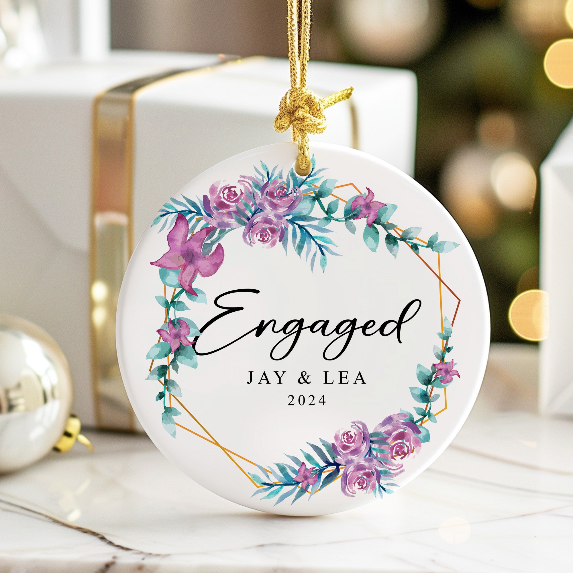 Personalized Floral Engagement Ornament - Custom Ceramic Keepsake for Celebrating Weddings and Anniversaries - Image 6