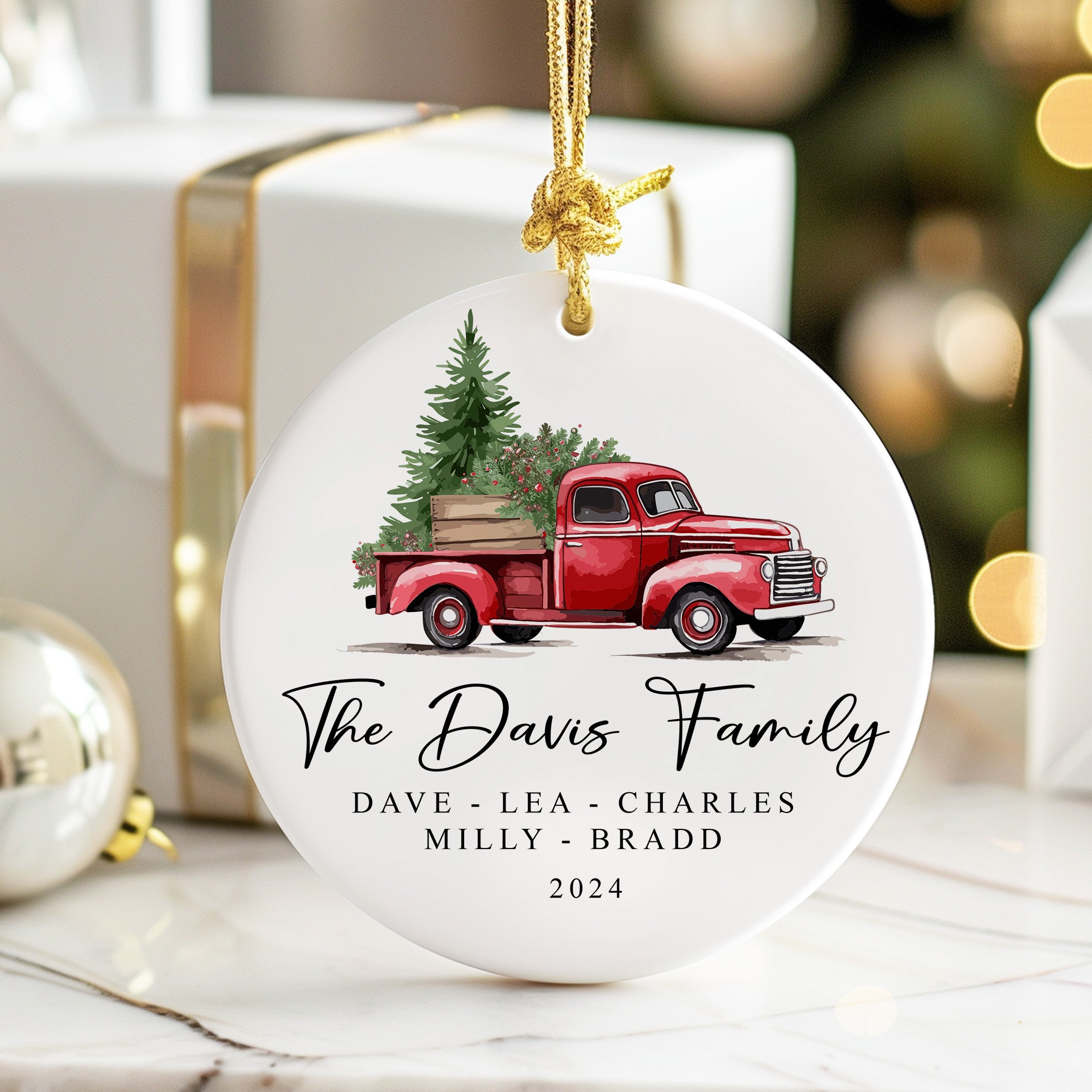 Personalized Family Red Vintage Truck Ceramic Ornament – Custom Christmas Keepsake with Elegant Script - Image 6