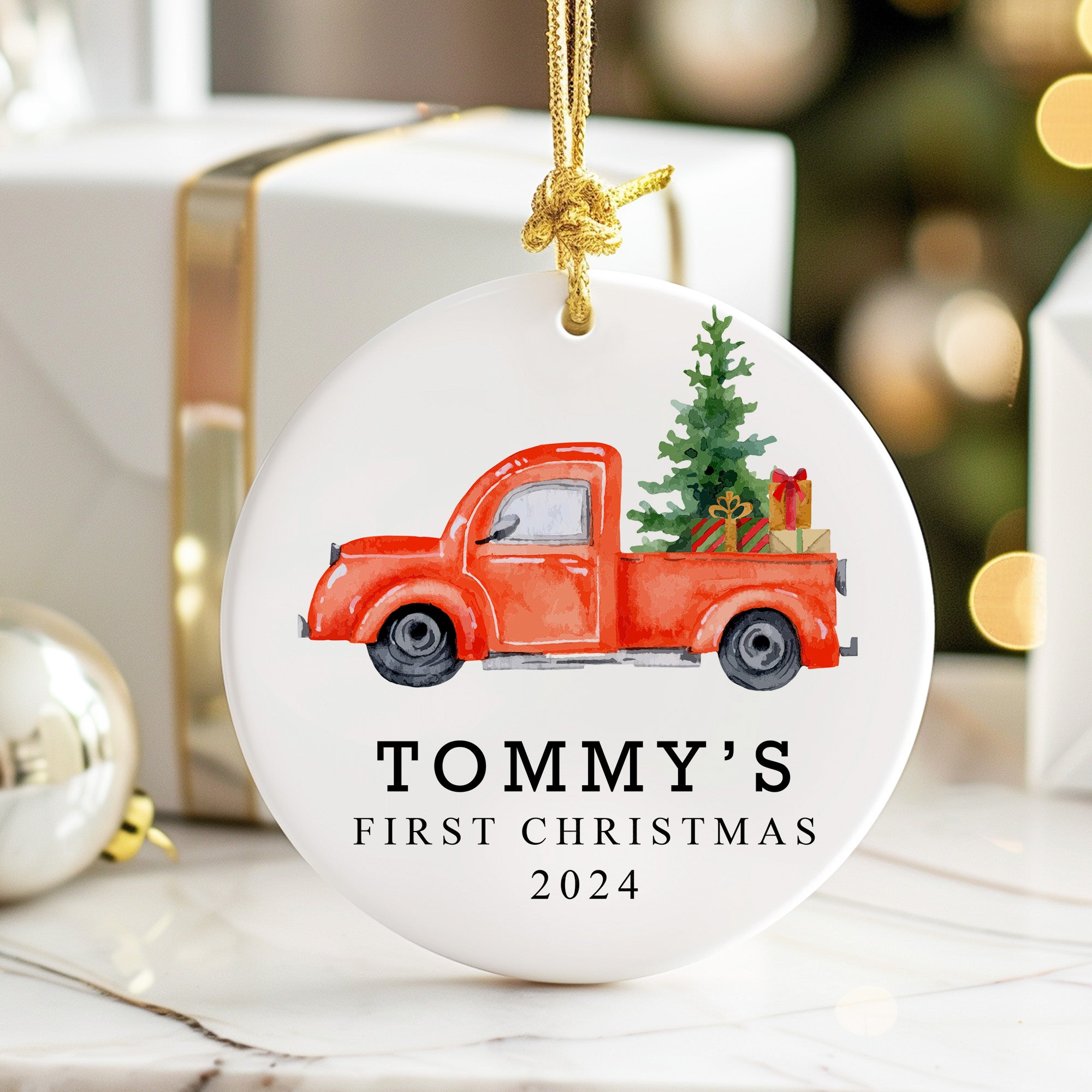 Personalized Baby's First Christmas 2024 Ceramic Ornament with Vintage Red Truck Design - Image 6