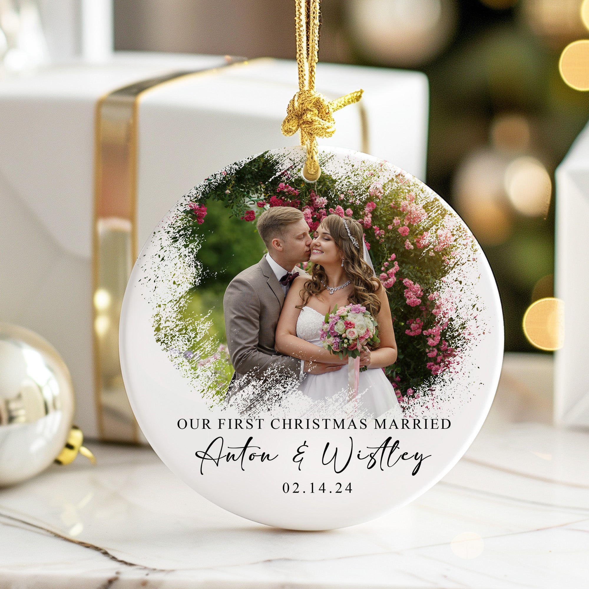 Personalized "Our First Christmas Married" Ceramic Ornament – Customizable Wedding Keepsake with Photo and Names - Image 6