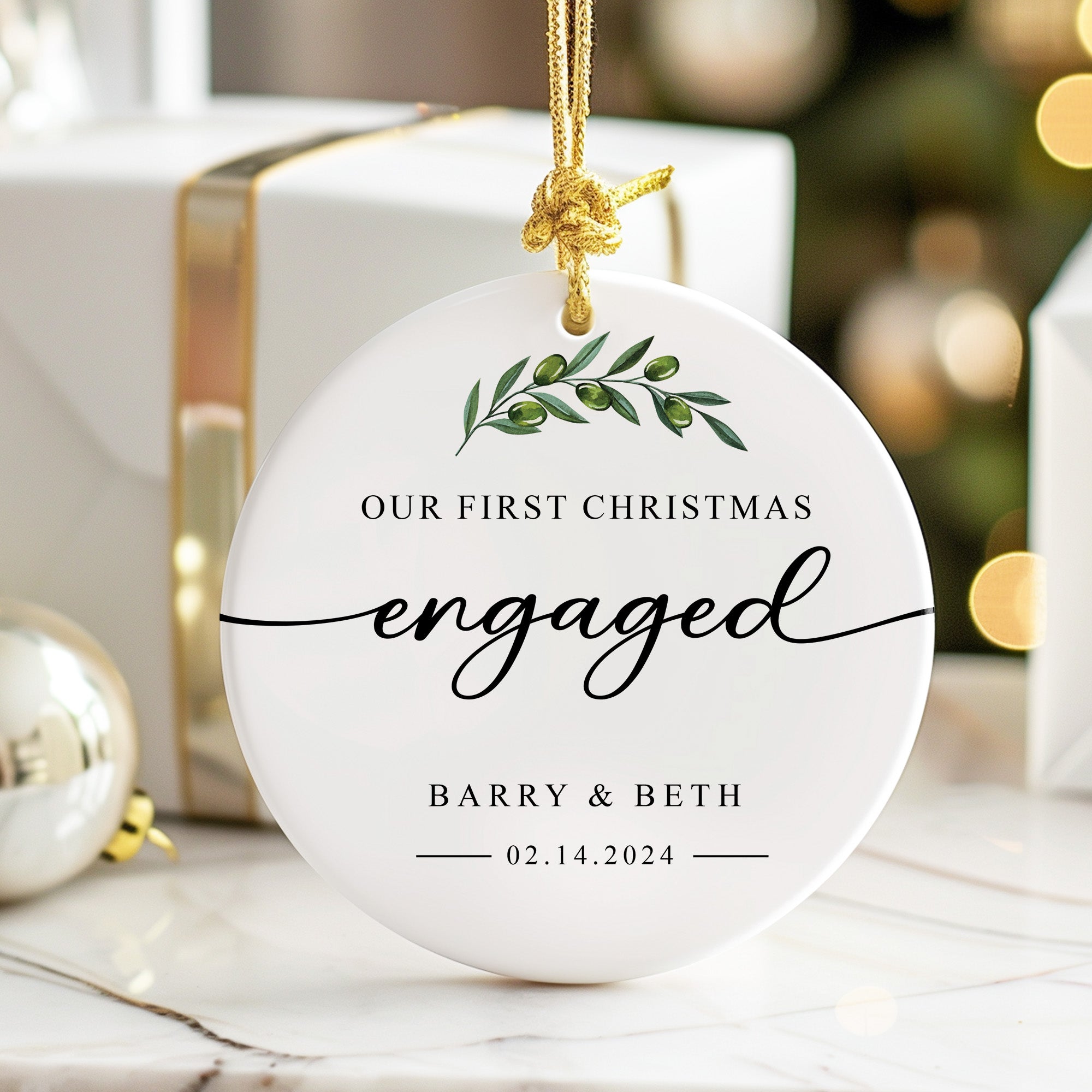Personalized "First Christmas Engaged" Ceramic Ornament – Elegant Keepsake for Newly Engaged Couples - Image 6