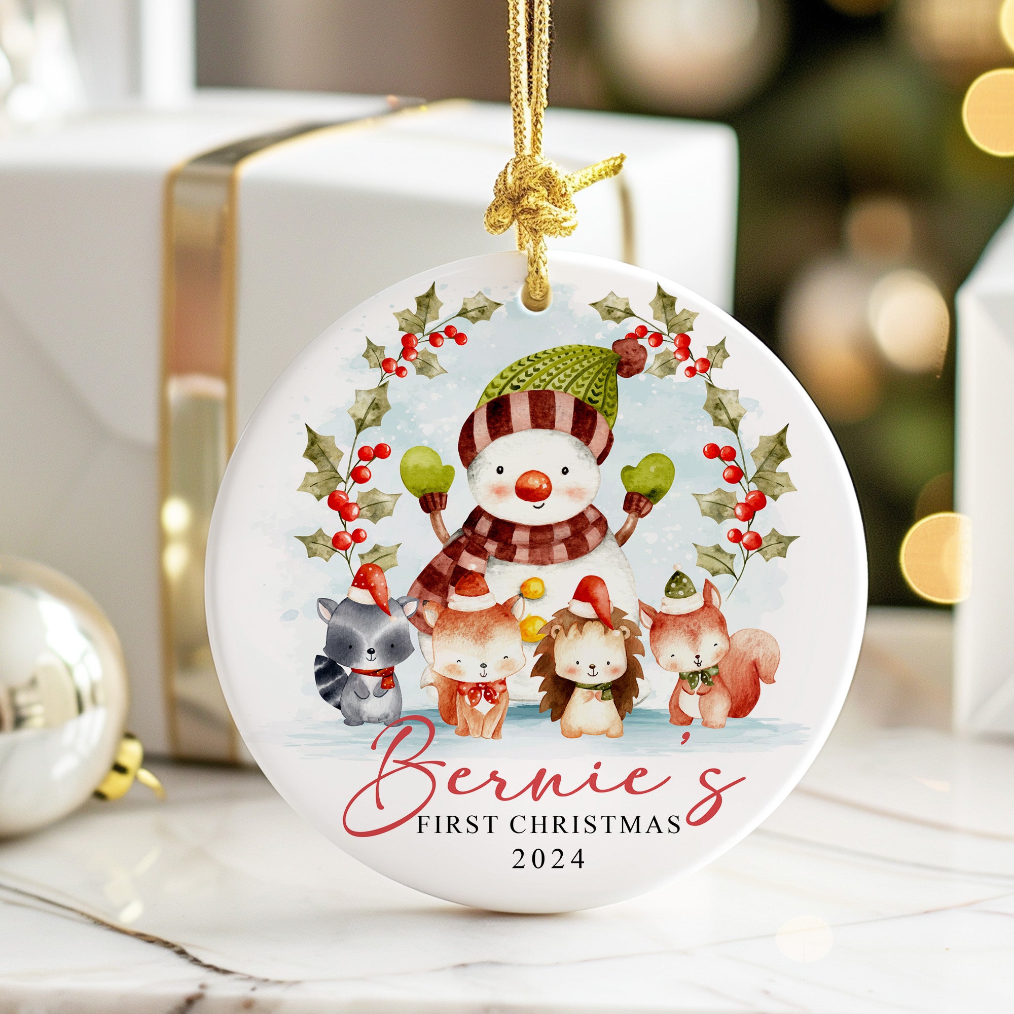 Personalized 2024 Ceramic Ornament - "Bernie's First Christmas" with Cute Woodland Animals and Snowman Design - Image 6