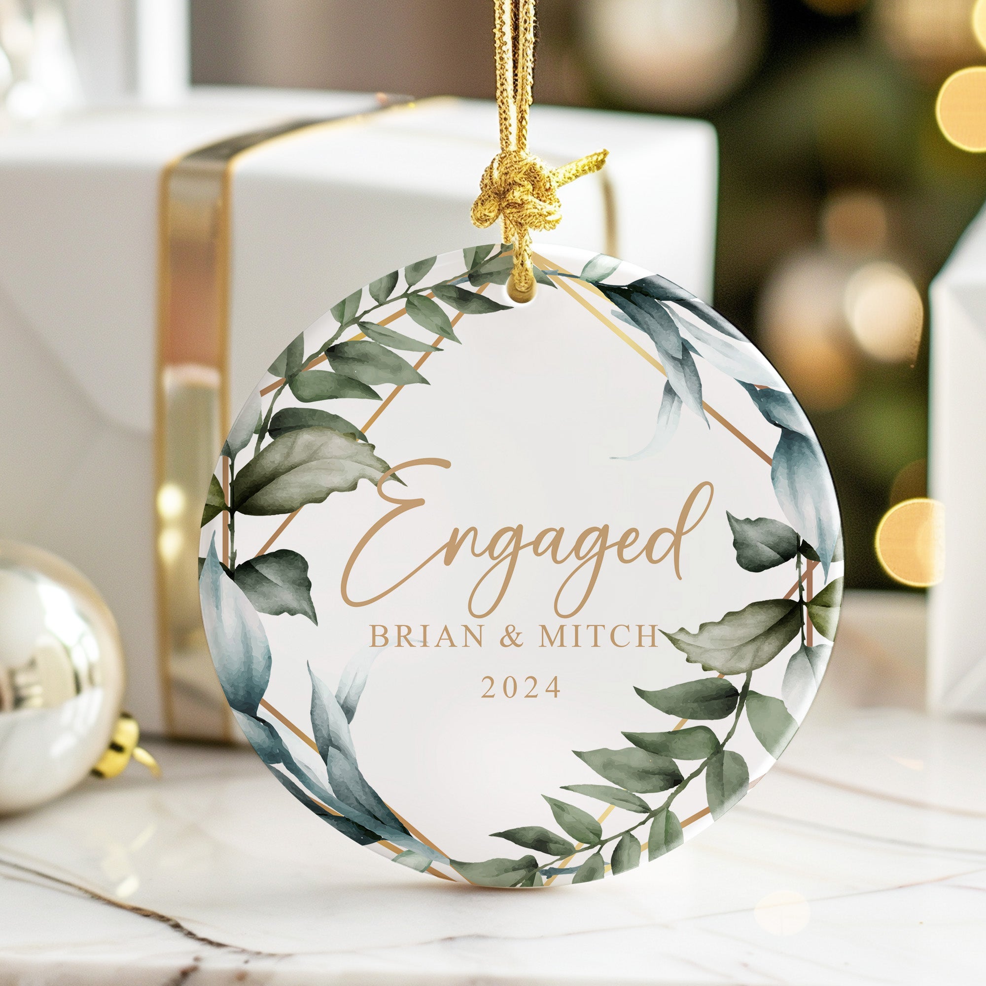 Personalized Engagement Ceramic Ornament - Elegant Greenery Design - Perfect Gift for Couples - Celebrate Love in 2024 - Image 6