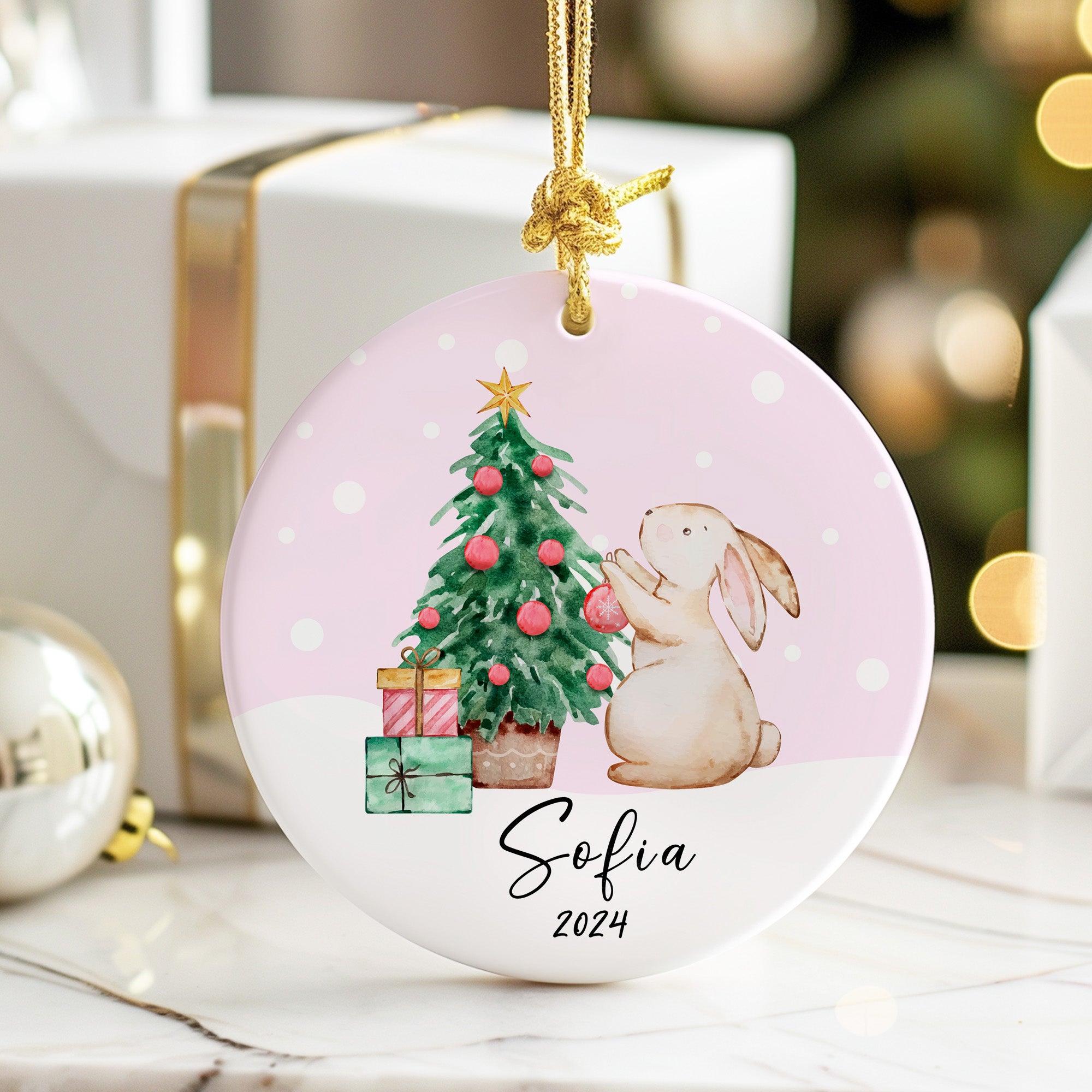 Personalized 2024 Christmas Bunny Ceramic Ornament – Custom Name & Year, Perfect Holiday Gift Keepsake - Image 6