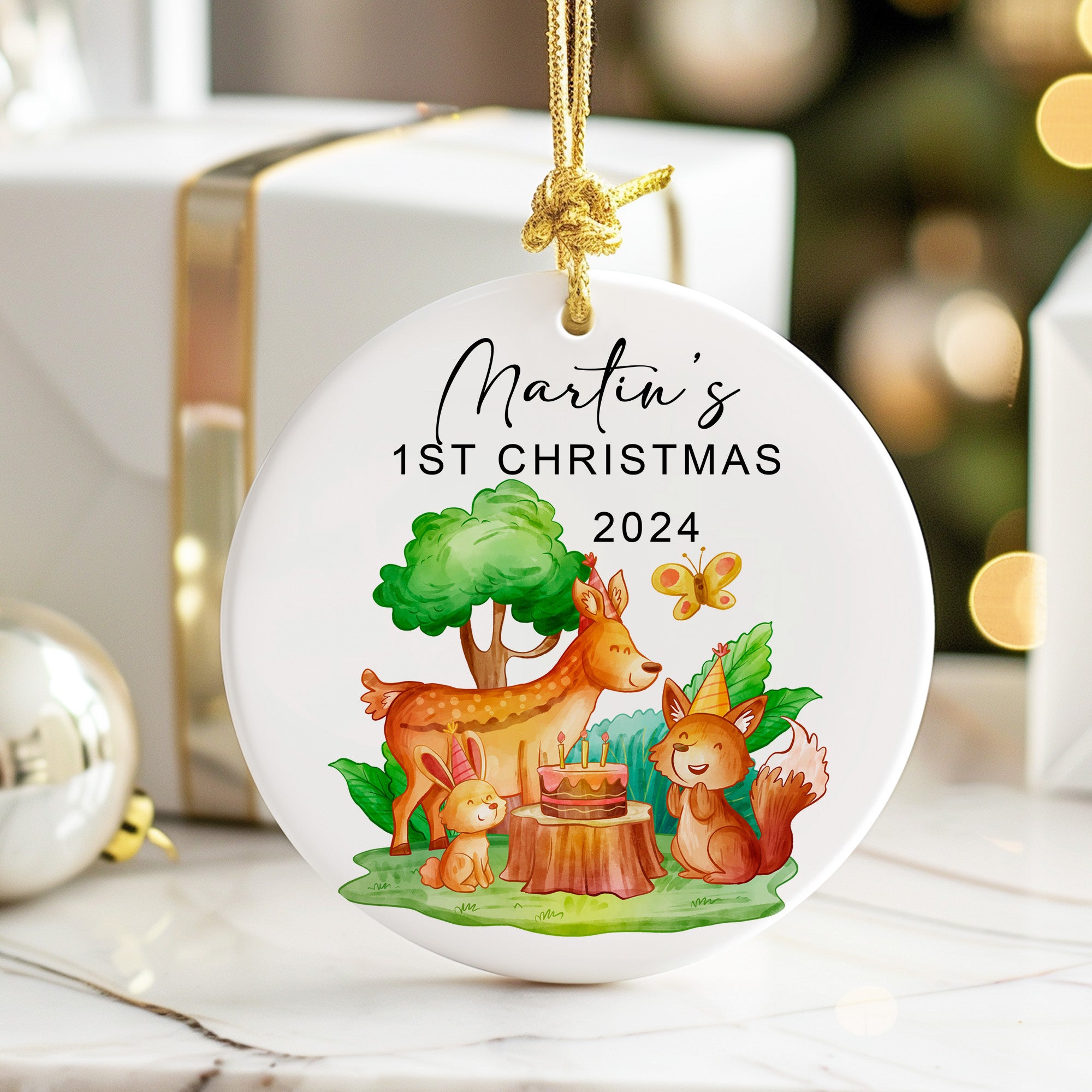 Personalized Baby's First Christmas Ceramic Ornament - Custom Name & Year - Handcrafted Woodland Design Keepsake for 2024 - Image 6