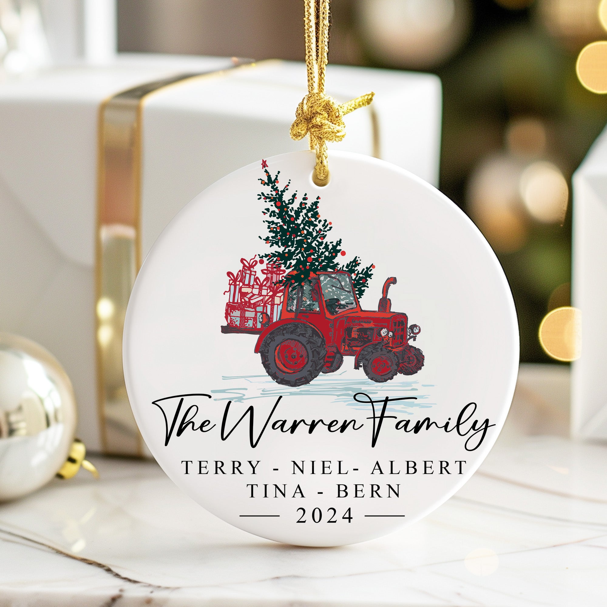 Personalized Family Christmas Ornament - Custom Ceramic Keepsake with Red Tractor & Festive Design - Perfect for Holiday Gift & Decoration 2024 - Image 6