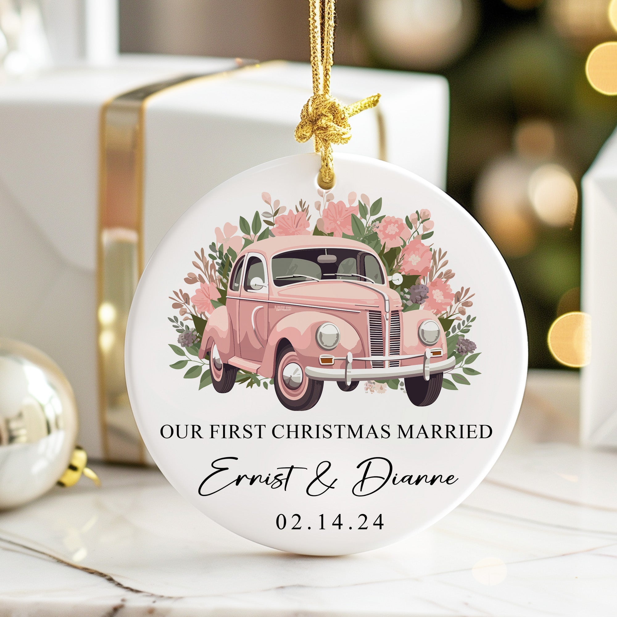 Personalized "Our First Christmas Married" Ceramic Ornament - Vintage Car Design for Newlyweds, Custom Date & Names - Image 6