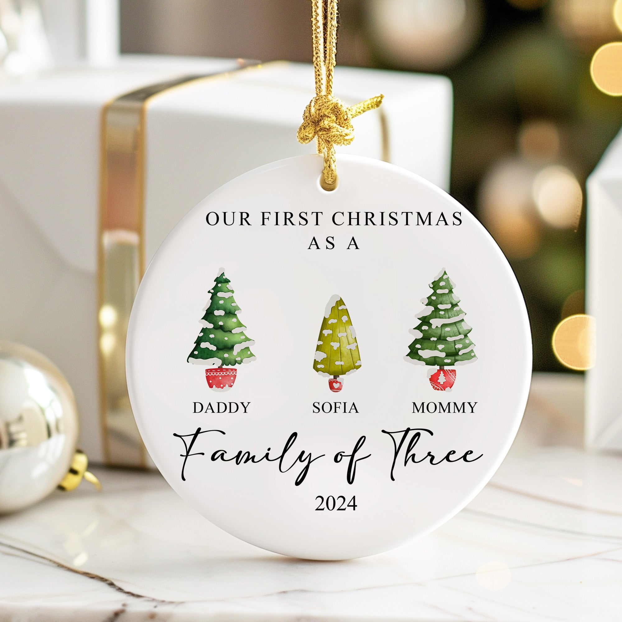 Personalized Family of Three Christmas Ornament 2024 – Customized Ceramic Holiday Keepsake with Hand-Painted Trees and Text - Image 6