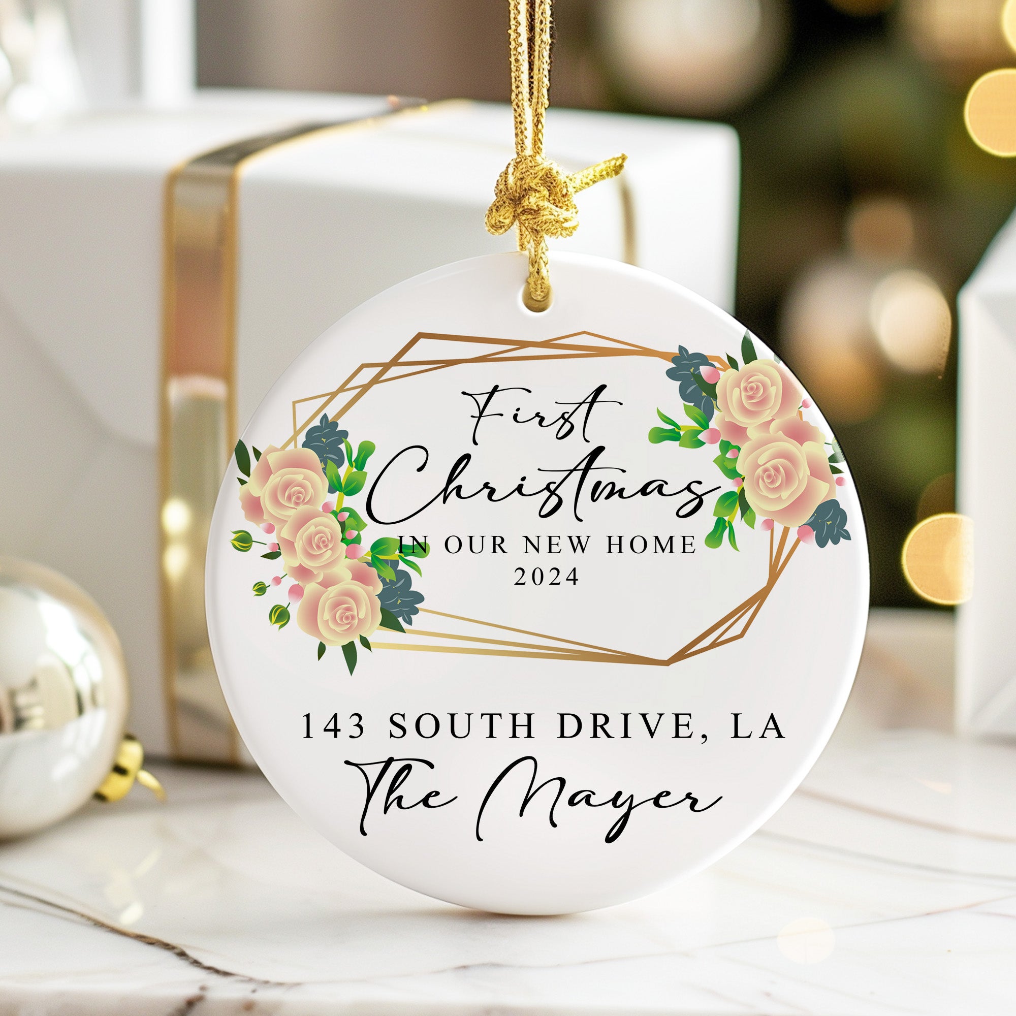 Personalized First Christmas in New Home 2024 Ceramic Ornament – Handcrafted Keepsake with Elegant Floral Design - Image 6