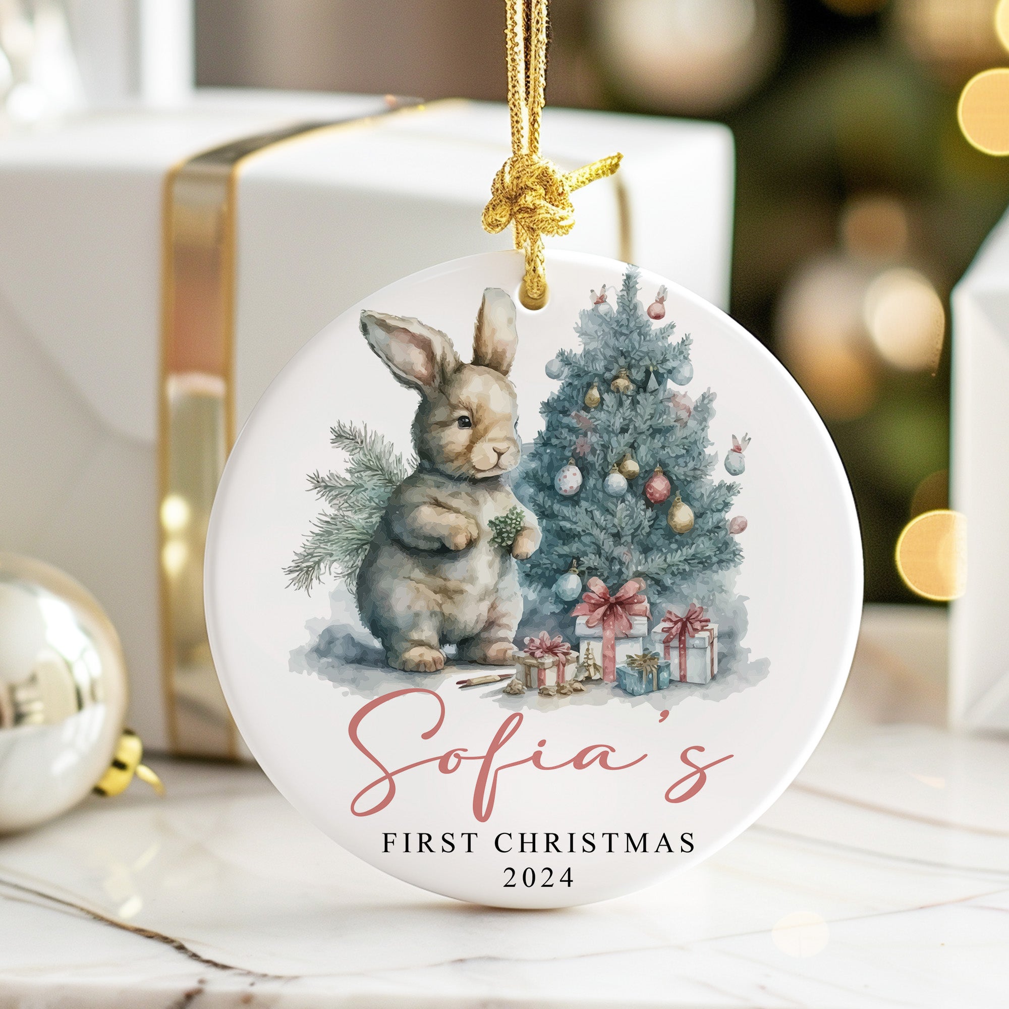 Personalized Baby's First Christmas Ceramic Ornament 2024 - Custom Name Keepsake with Adorable Bunny Design - Image 6