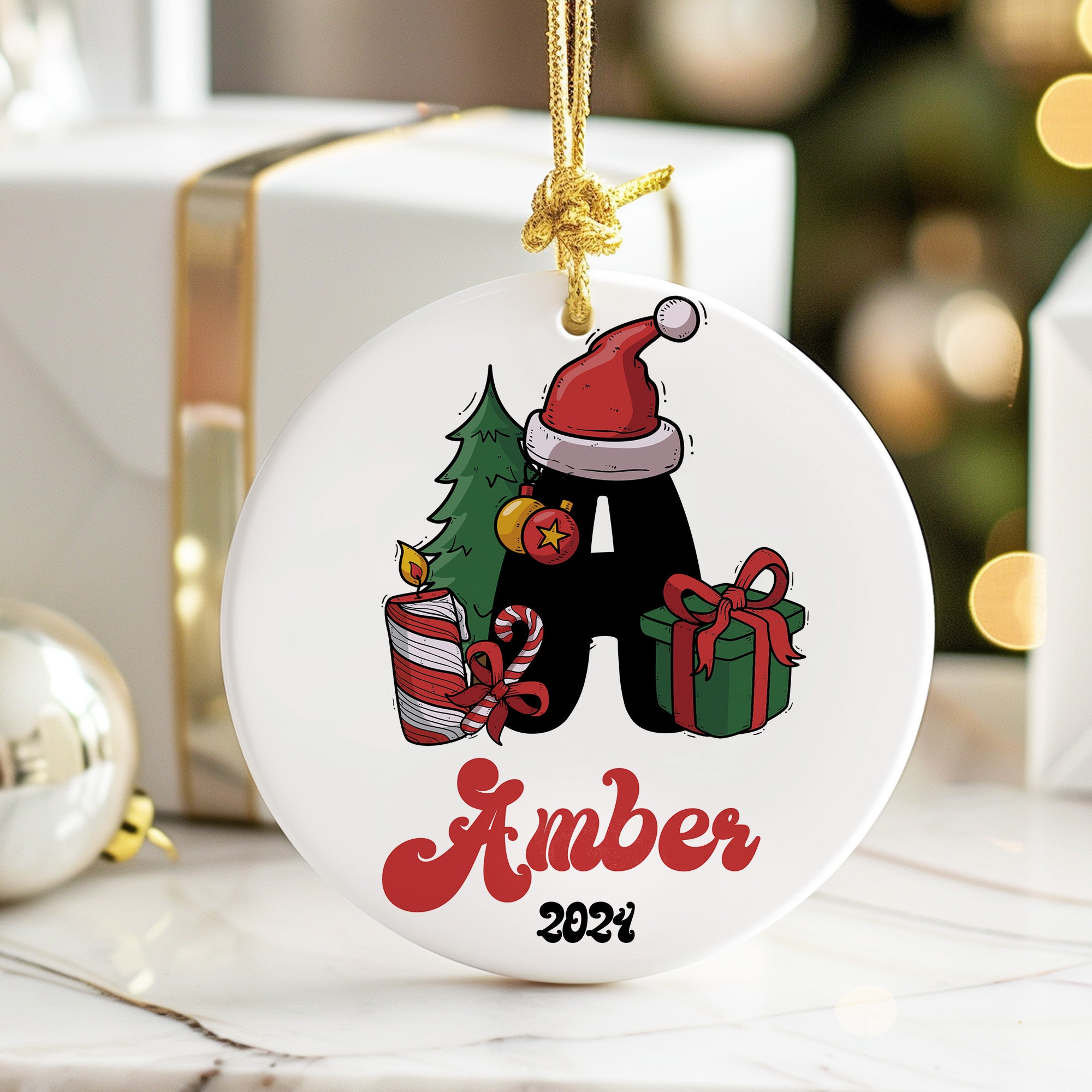 Personalized Christmas Ceramic Ornament with Santa and Gifts - Perfect Holiday Keepsake for Amber 2024 - Image 6