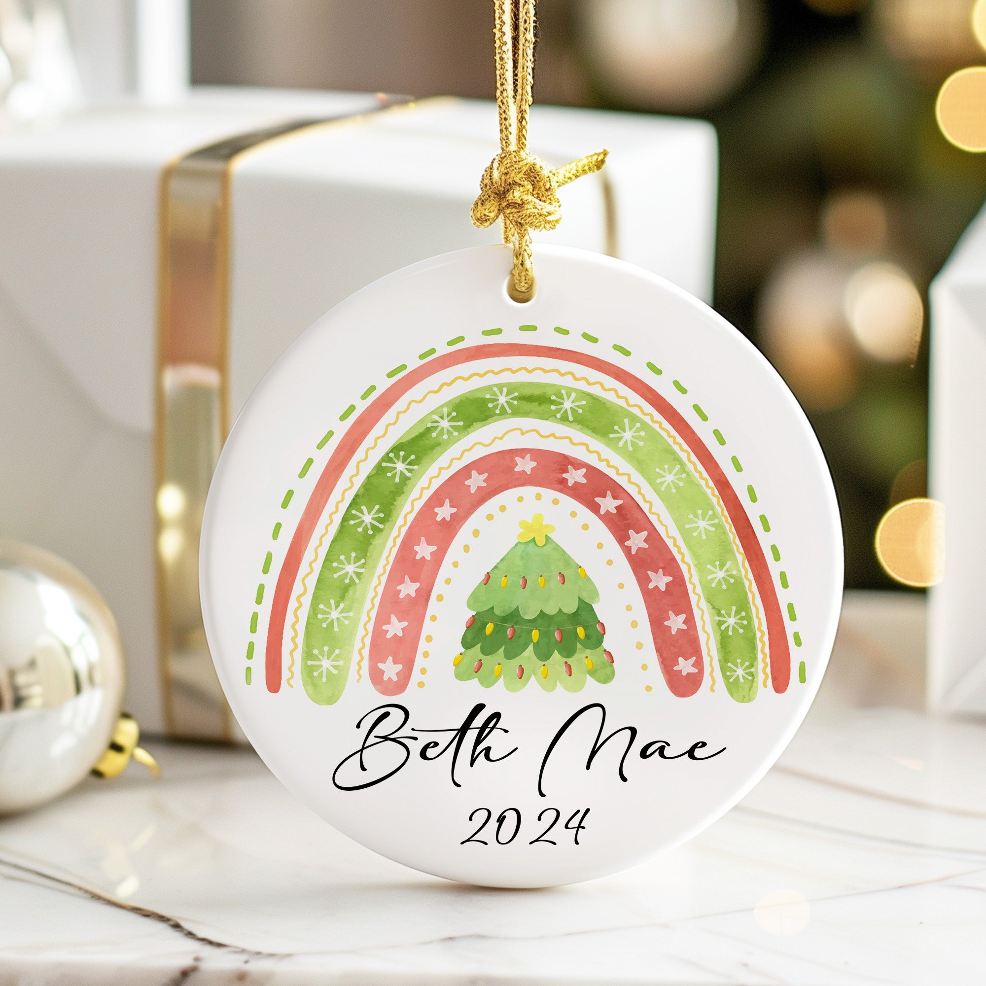 Personalized Christmas Ceramic Ornament with Hand-Painted Rainbow and Tree Design - Custom Name & Year - Perfect Holiday Gift - Image 6