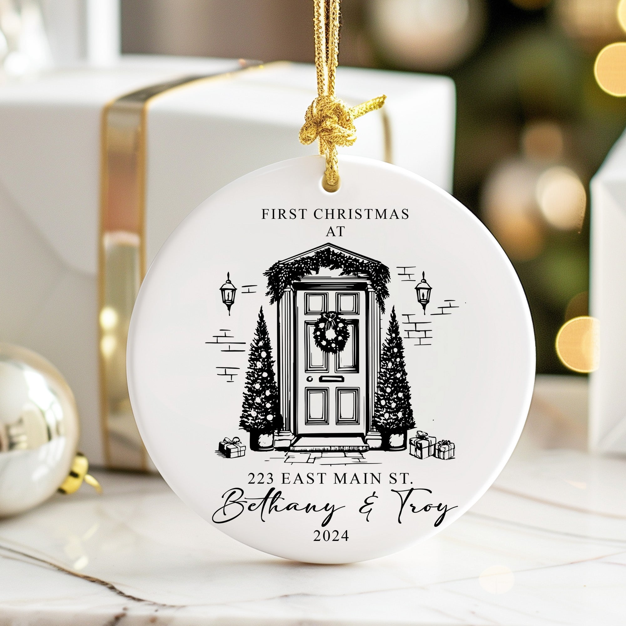 Elegant Personalized First Christmas Ceramic Ornament for Couples – Custom Address & Names, 2024 Keepsake - Image 6