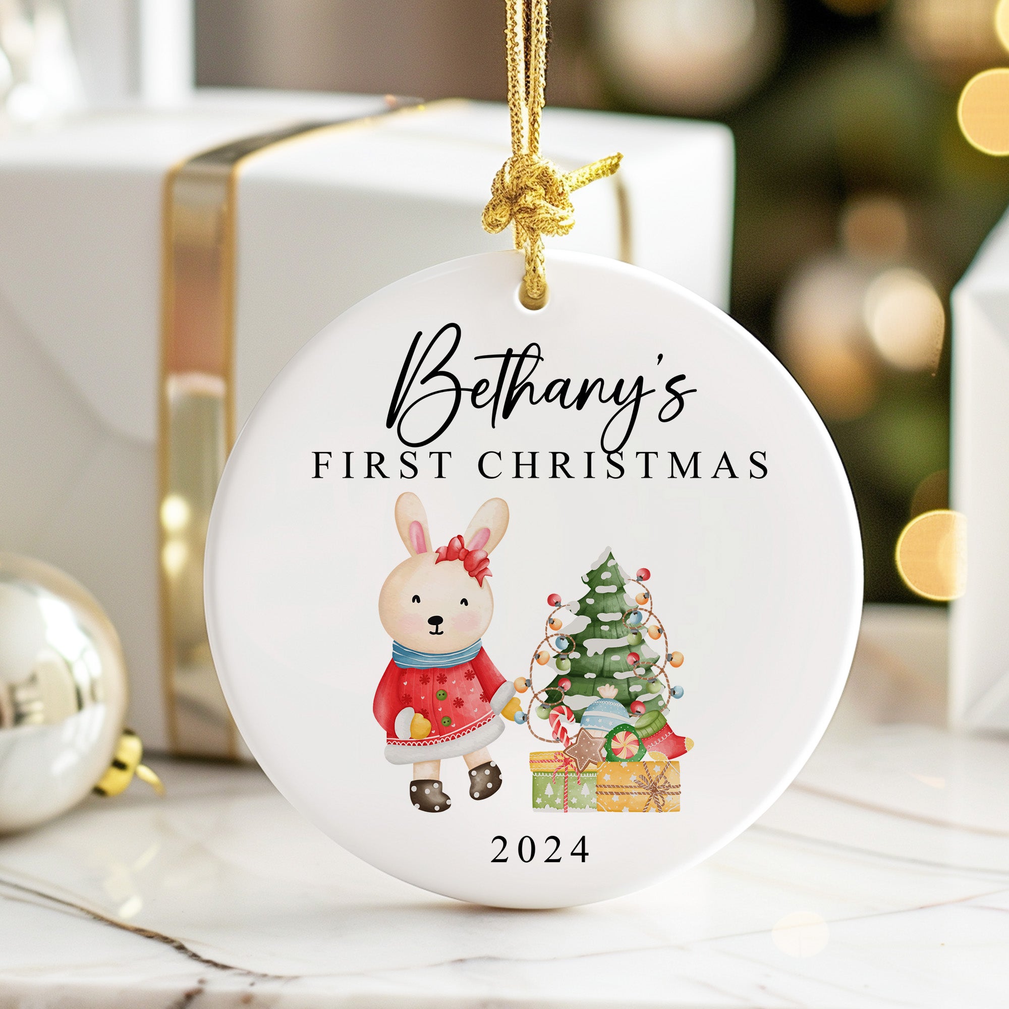 Personalized Baby’s First Christmas Ceramic Ornament – Custom Name Keepsake with Watercolor Bunny & Tree Design – 2024 Holiday Gift - Image 6