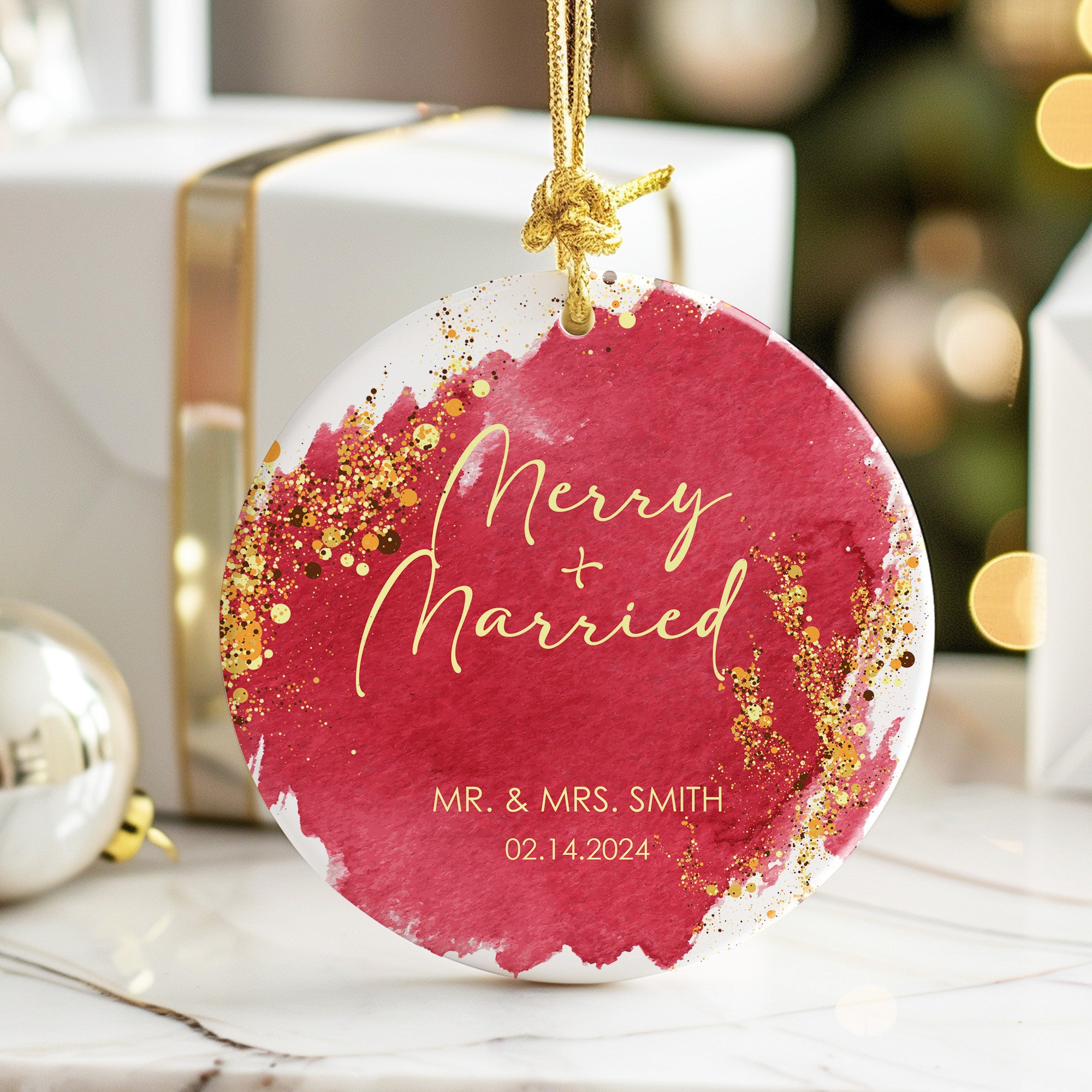 Personalized "Merry + Married" Ceramic Ornament - Unique Wedding Keepsake, Custom Date & Names - Image 6