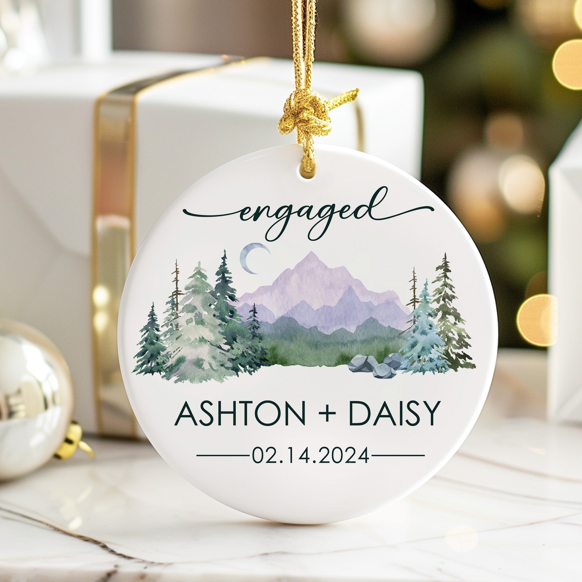 Personalized Engaged Ceramic Ornament – Custom Keepsake for Announcements, Featuring Rustic Mountain Design - Image 6