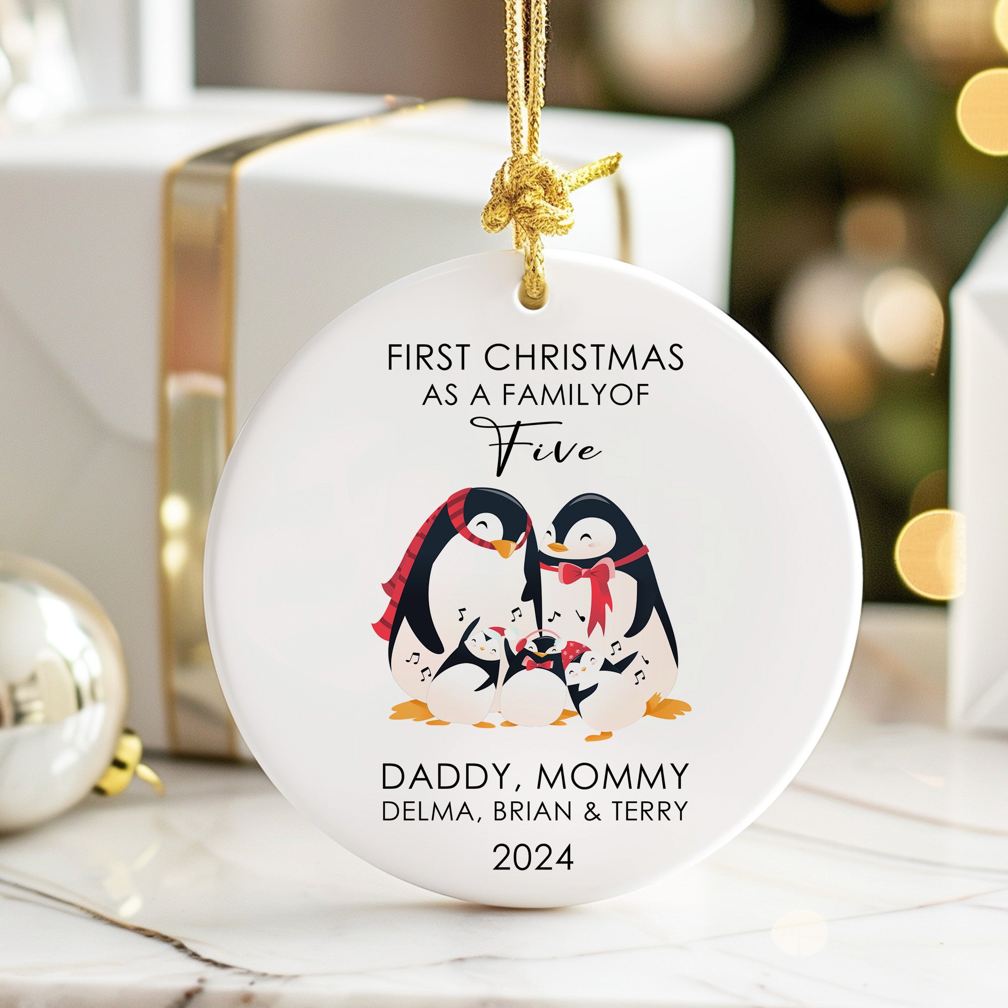 Personalized Family of Five Penguin Christmas Ornament - Custom Ceramic Keepsake for 2024 Holidays - Image 6