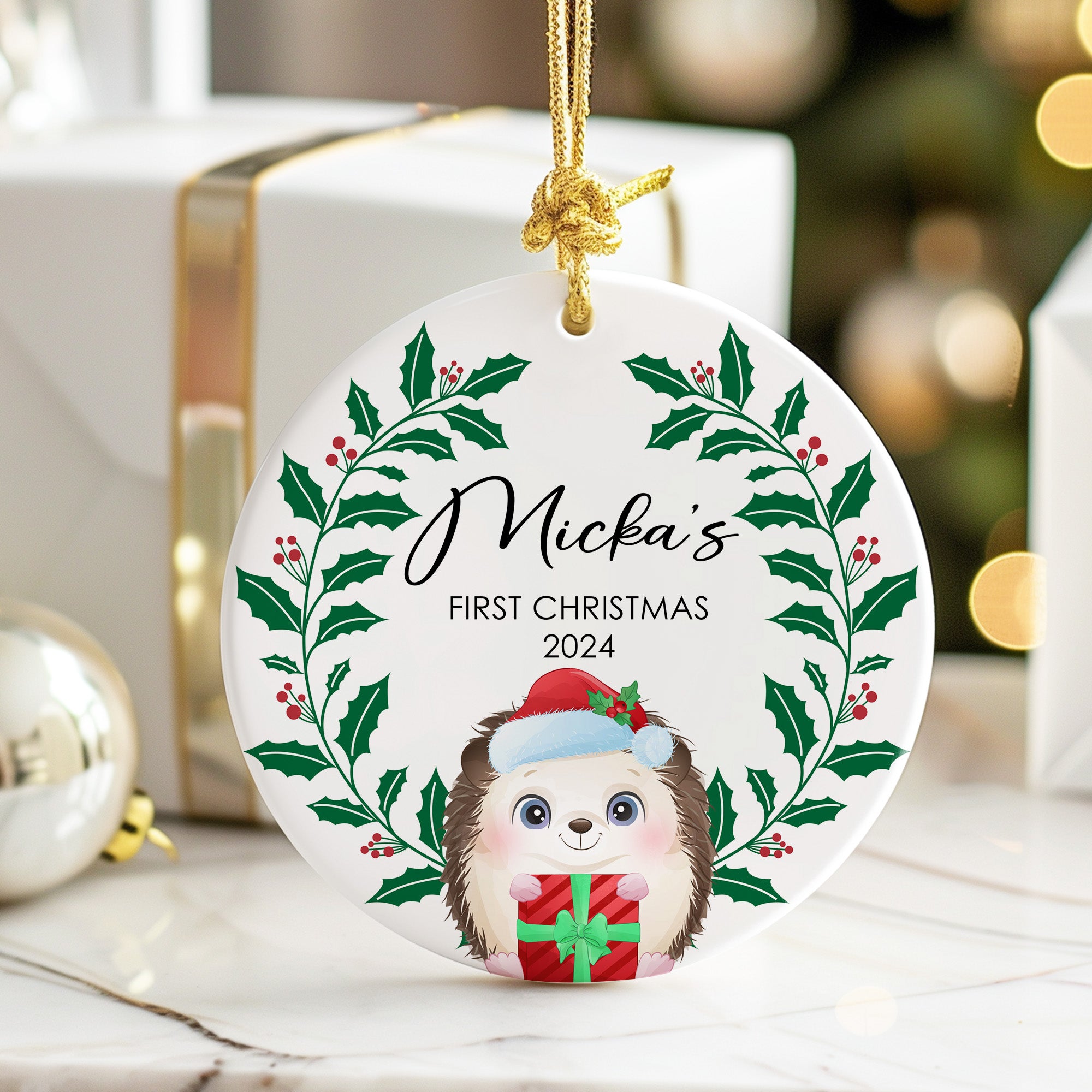 Personalized "First Christmas" Ceramic Ornament 2024 - Handcrafted Holly & Hedgehog Design - Image 6