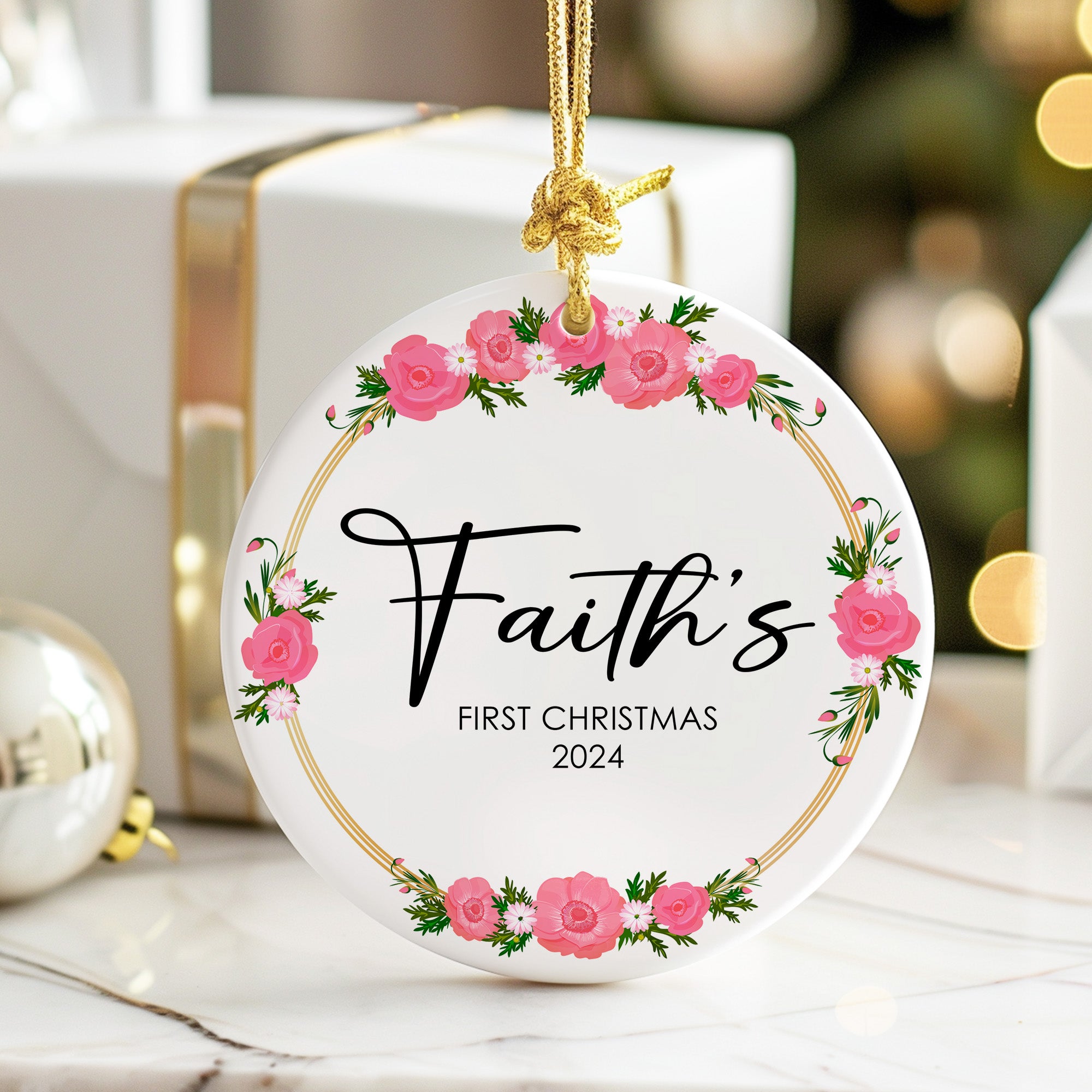 Personalized "Faith's First Christmas 2024" Ceramic Ornament with Pink Floral Design – Perfect Keepsake Gift for Newborns - Image 6