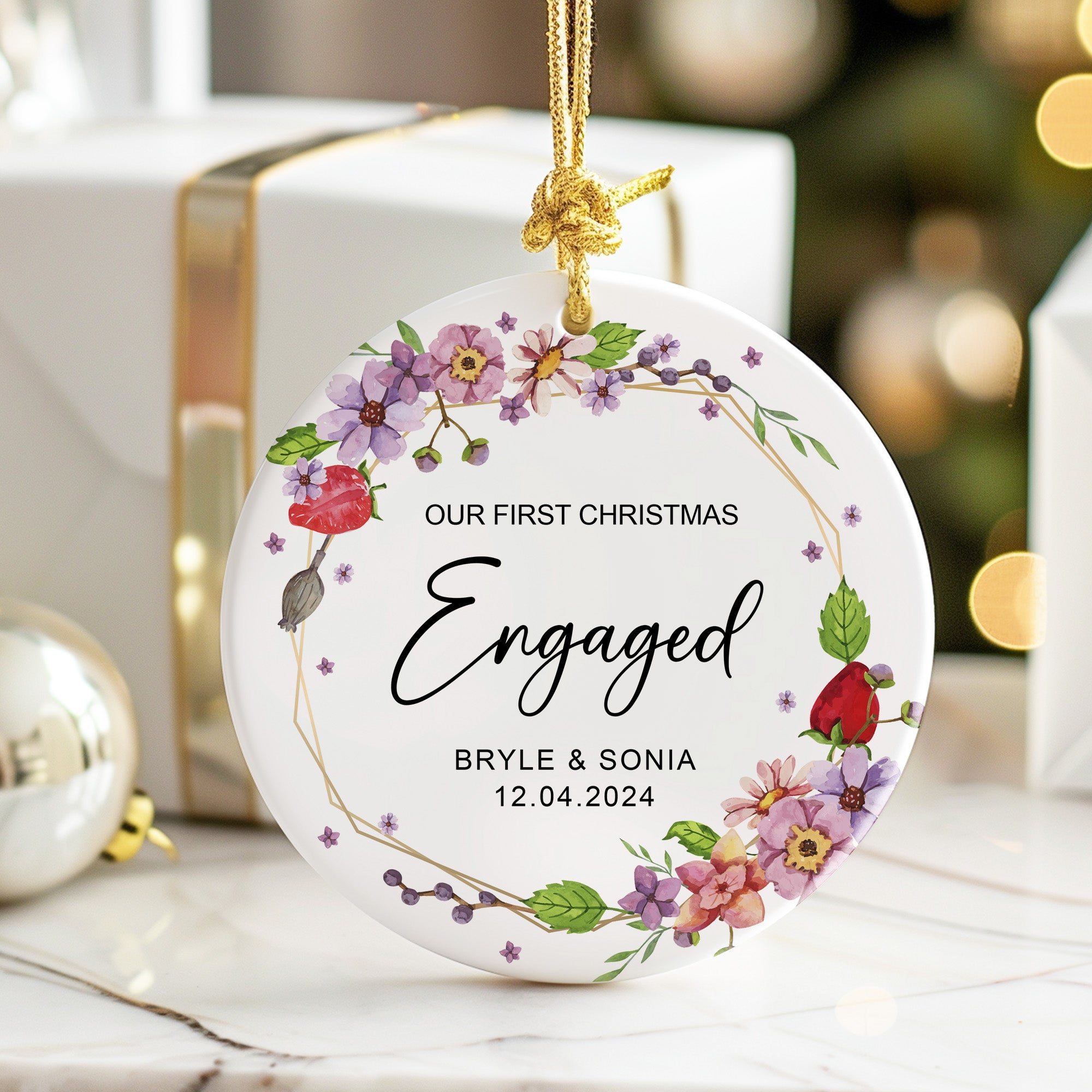 Personalized Engagement Christmas Ornament - Custom Floral Ceramic Keepsake for Couples - Image 6