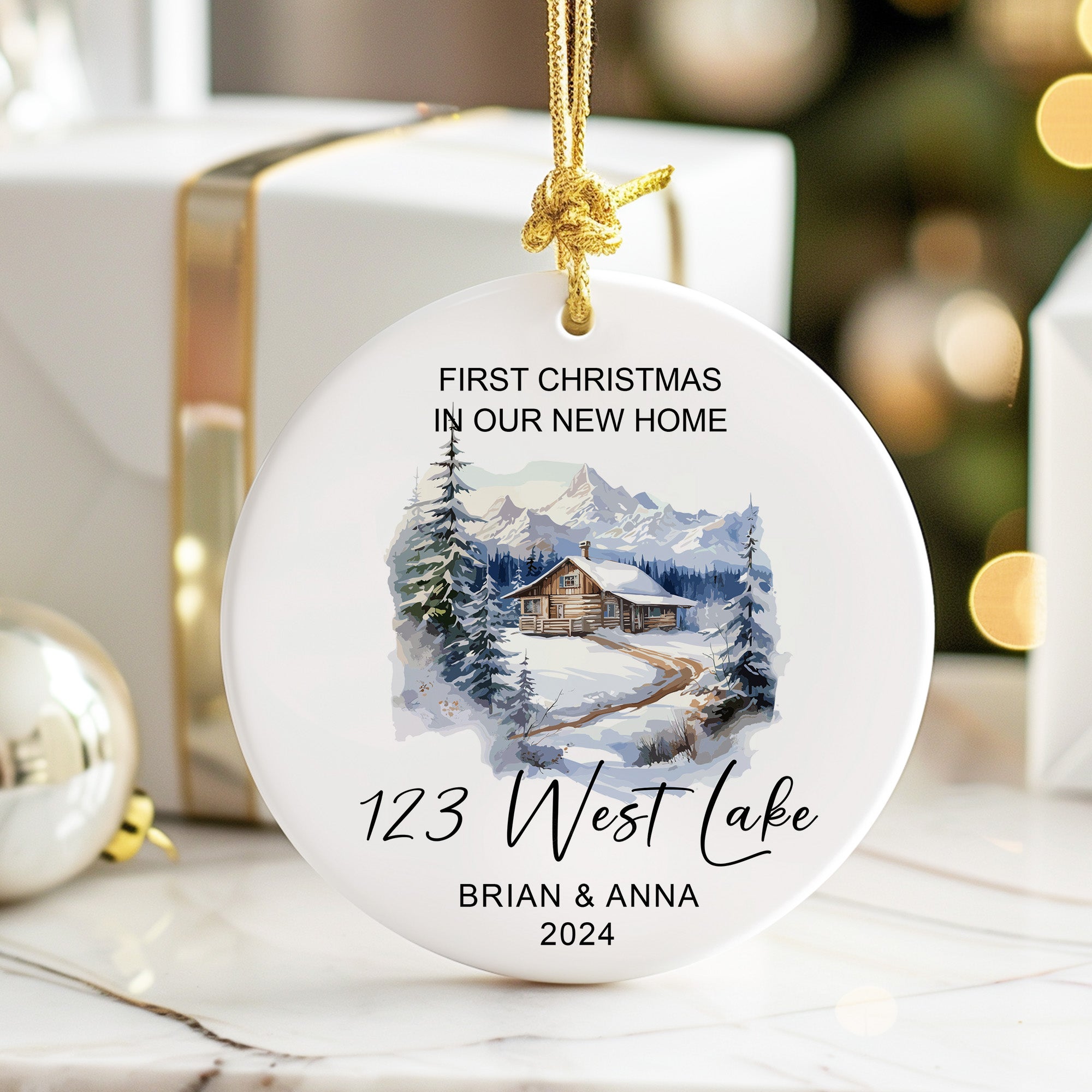 Personalized First Christmas in New Home Ceramic Ornament – Elegant Winter Cabin Design, Custom Names & Address, Heartfelt Keepsake for New Homeowners - Image 6