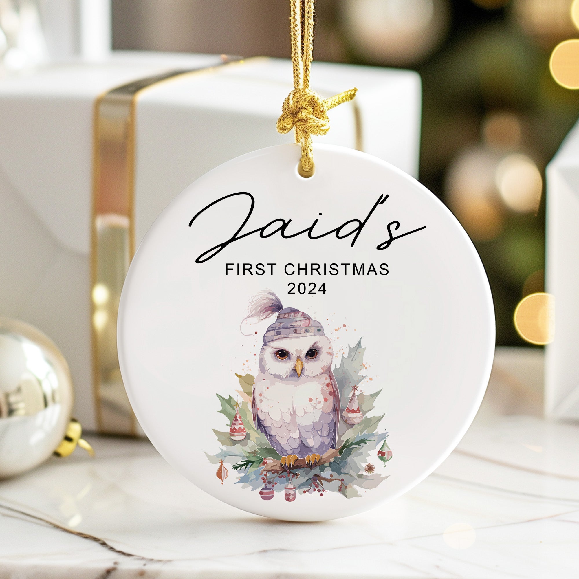 Personalized Baby's First Christmas Ceramic Ornament 2024 - Custom Name Owl Design Keepsake - Image 6