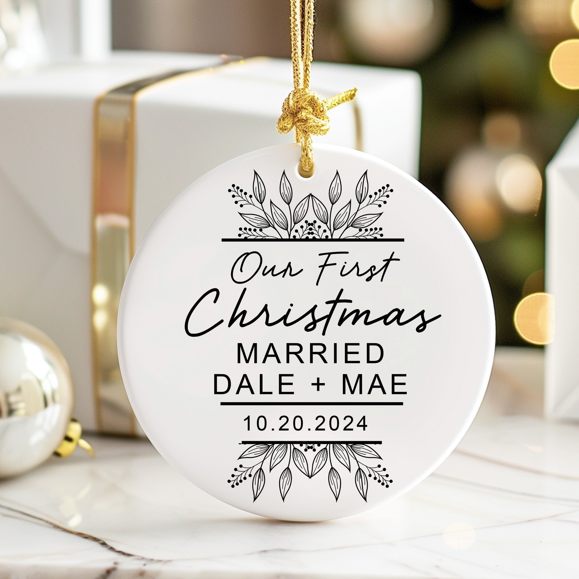 Personalized "Our First Christmas" Ceramic Ornament – Elegant Handcrafted Keepsake for Newlyweds, Customizable with Names and Date - Image 6