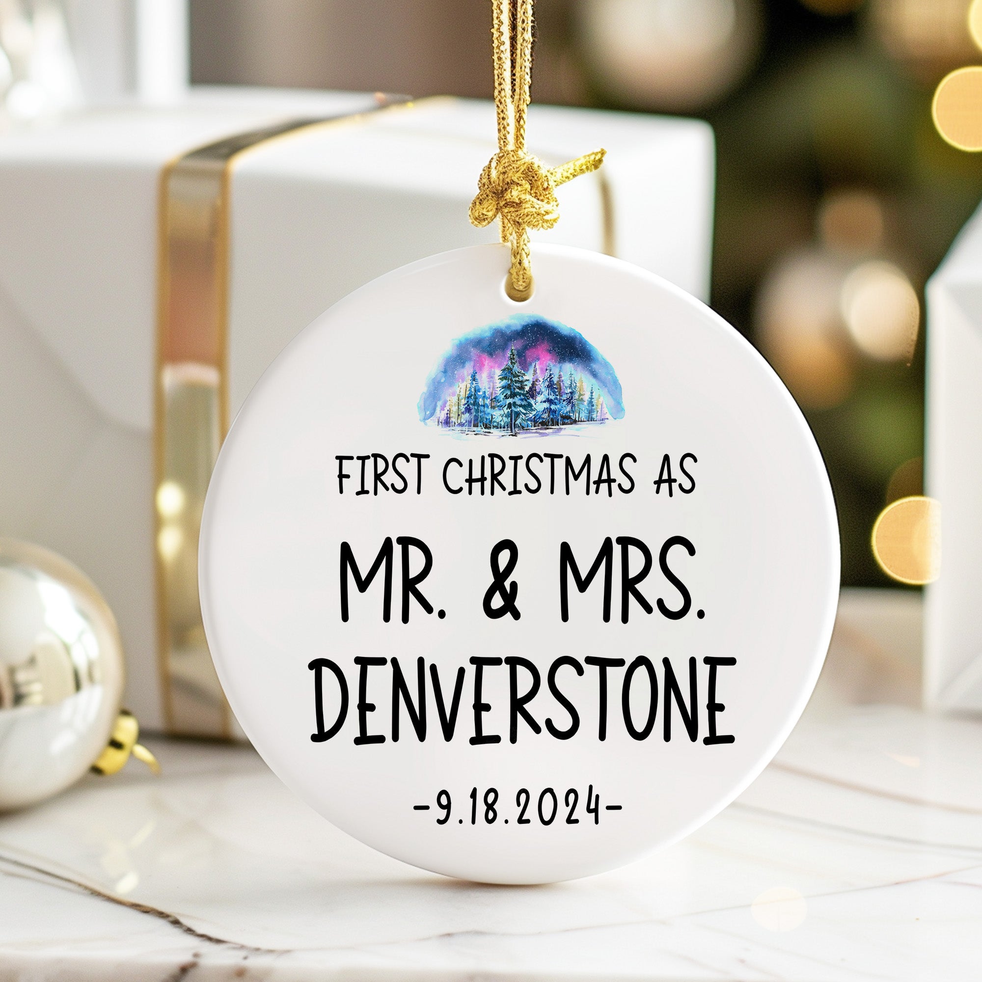 Personalized First Christmas Ceramic Ornament for Couples – Elegant Watercolor Design, Perfect as Newlywed Gift with Date Customization - Image 6