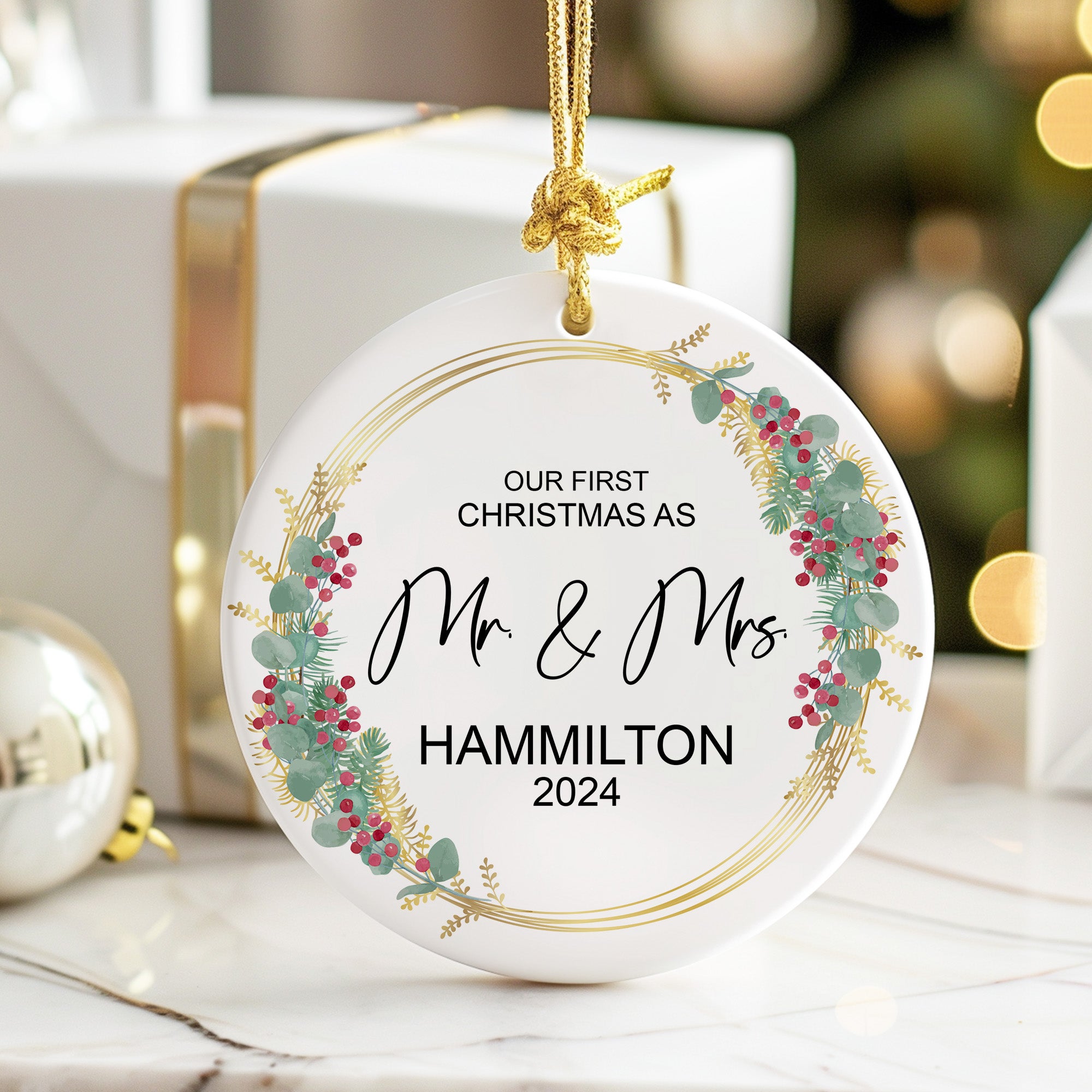 Personalized First Christmas as Mr. & Mrs. Ceramic Ornament - Custom Wedding Keepsake 2024 - Image 6