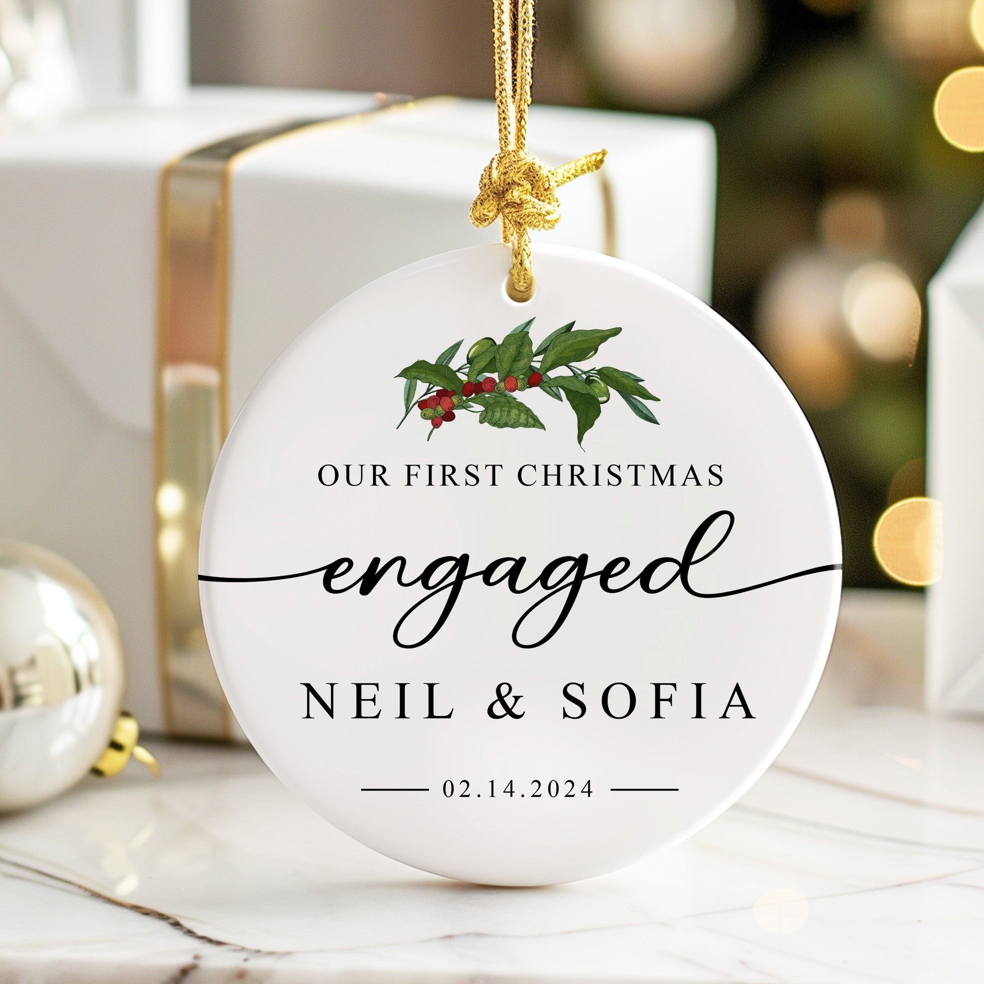 Celebrate Your First Christmas Engaged with Personalized Ceramic Ornament - Custom Names & Dates - Image 6